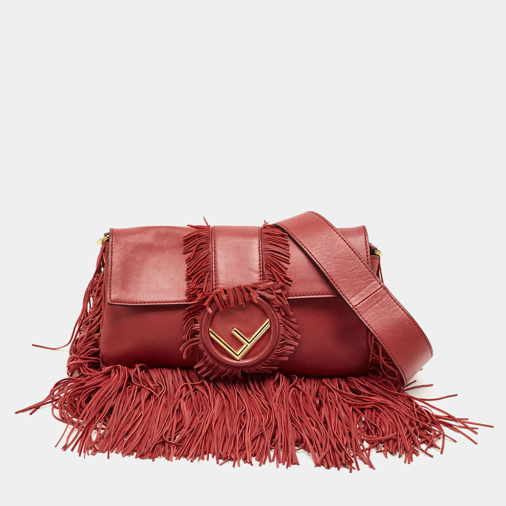Pre Owned Fendi Red Leather F is Fendi Fringe Baguette Bag