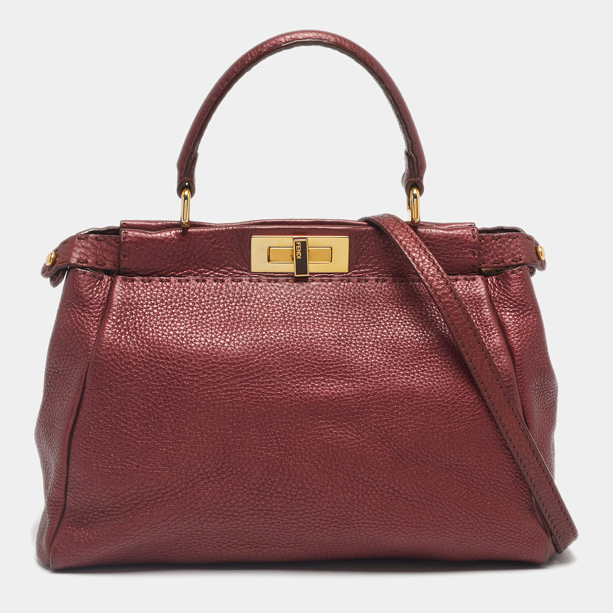 Pre Owned Fendi Metallic Pink Selleria Leather Regular Peekaboo Tote
