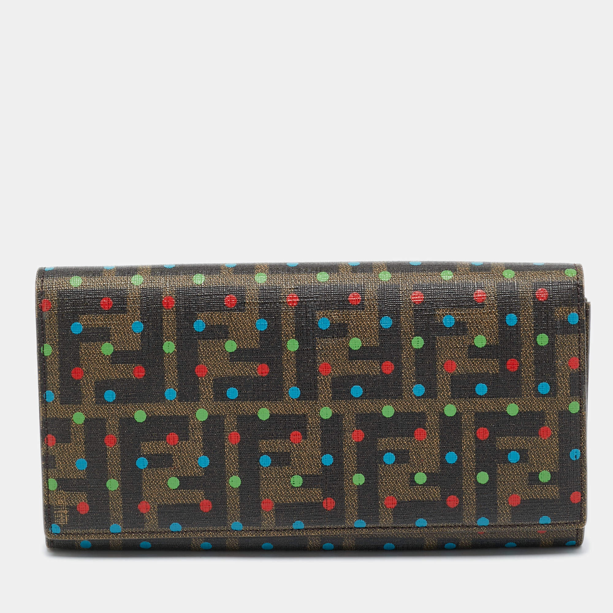 Pre Owned Fendi Tobacco Zucca Coated Canvas Polka Dot Flap Continental Wallet