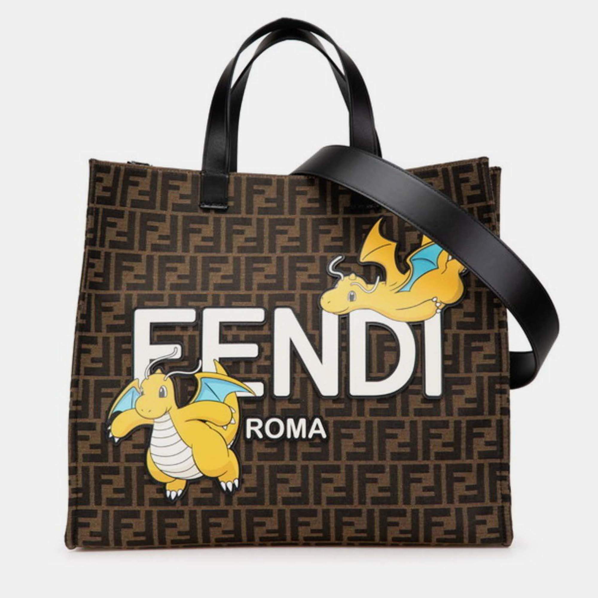 Pre Owned Fendi X Fragment Pokemon Dragonite Sunshine Brown Canvas Leather Tote Bag 