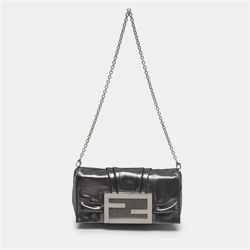 Pre Owned Fendi Metallic Grey Shimmer Leather Mia Pochette Bag