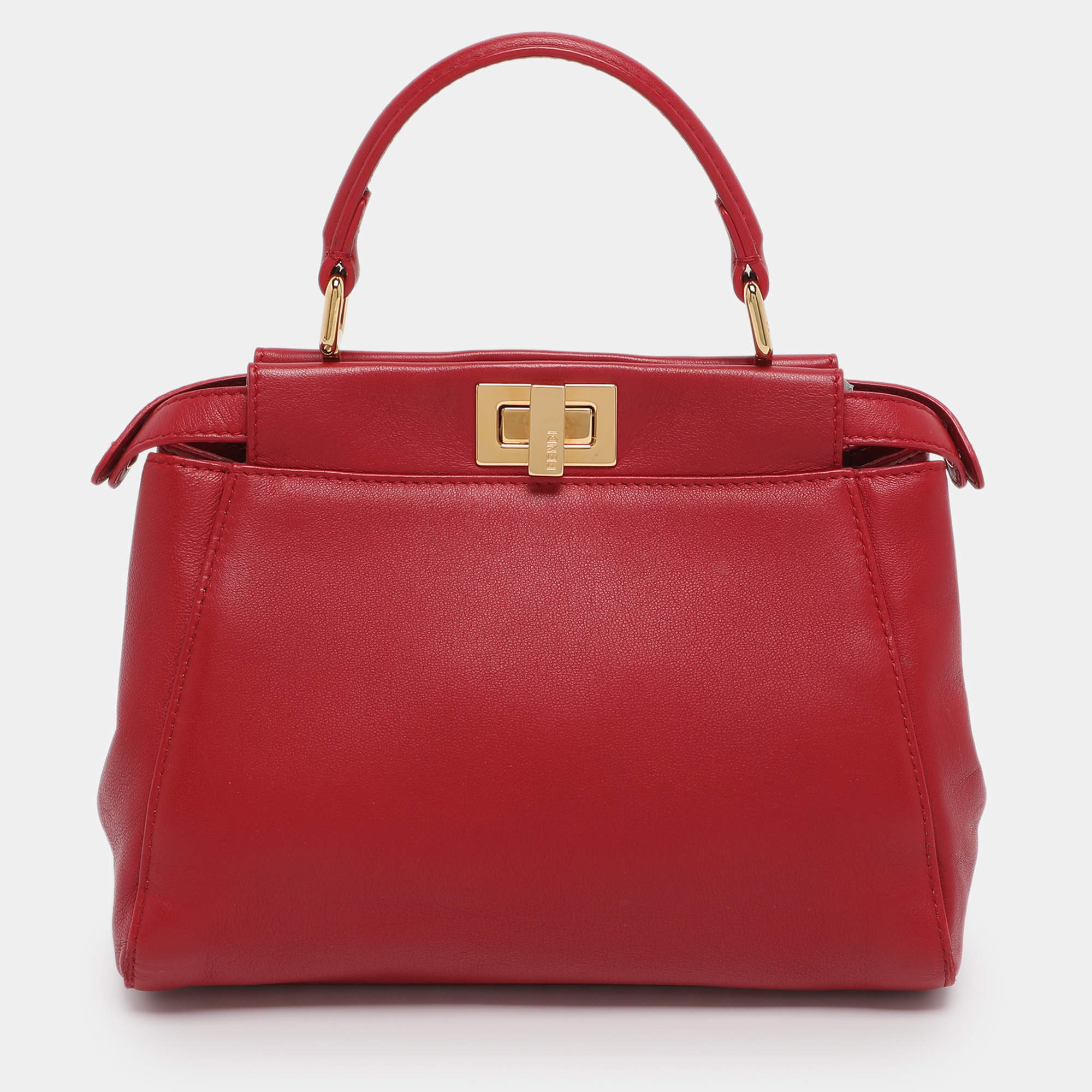 Pre Owned Fendi Red Leather Mini Peekaboo Top Handle Bag