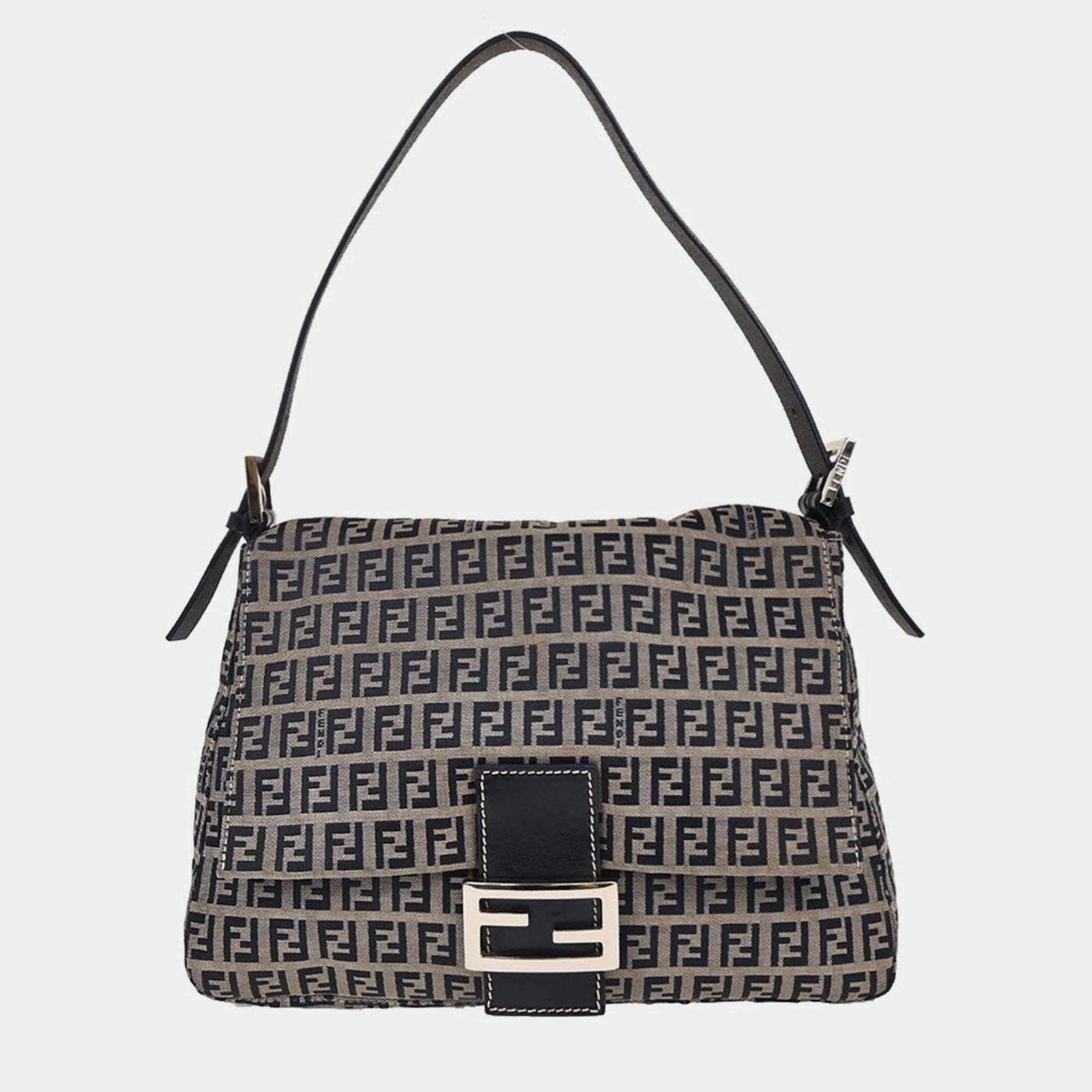 Pre Owned Fendi Navy Gray Zucchino Mamma Baguette Handbag