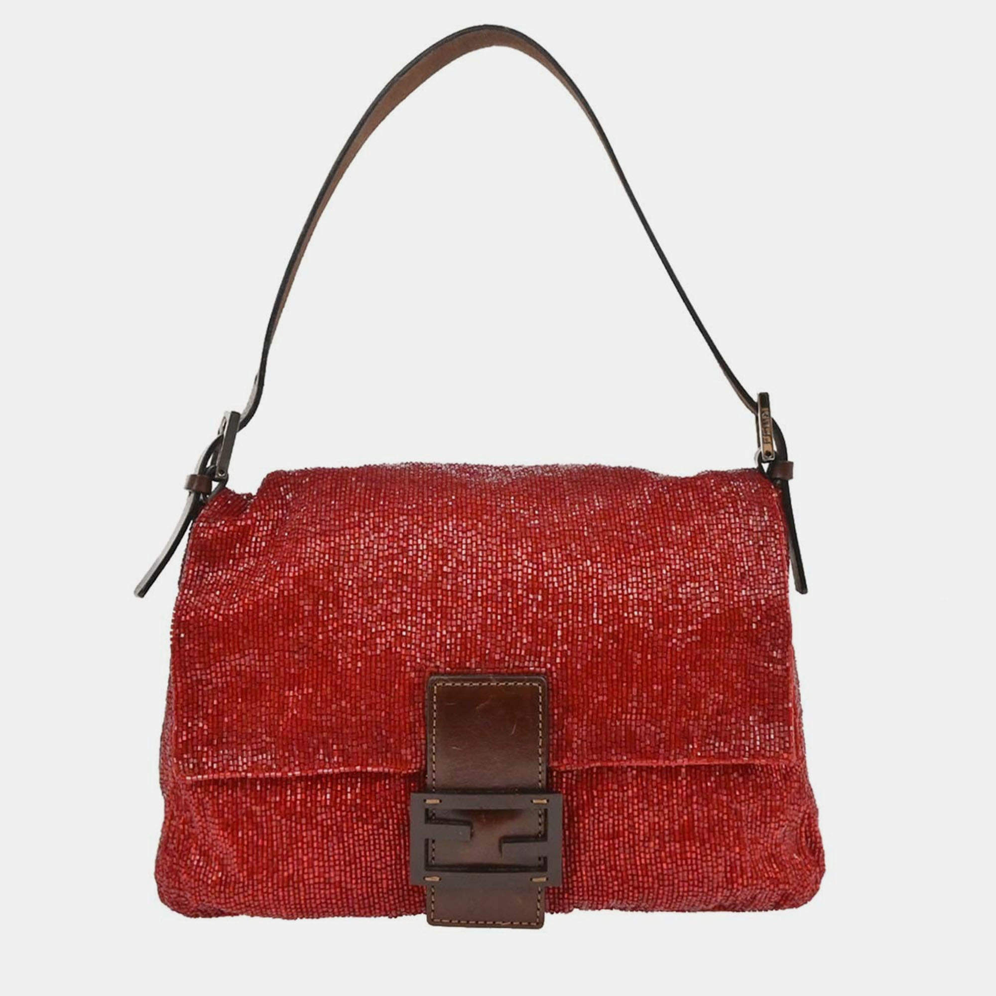 Pre Owned Fendi Red Beaded Mamma Baguette Handbag