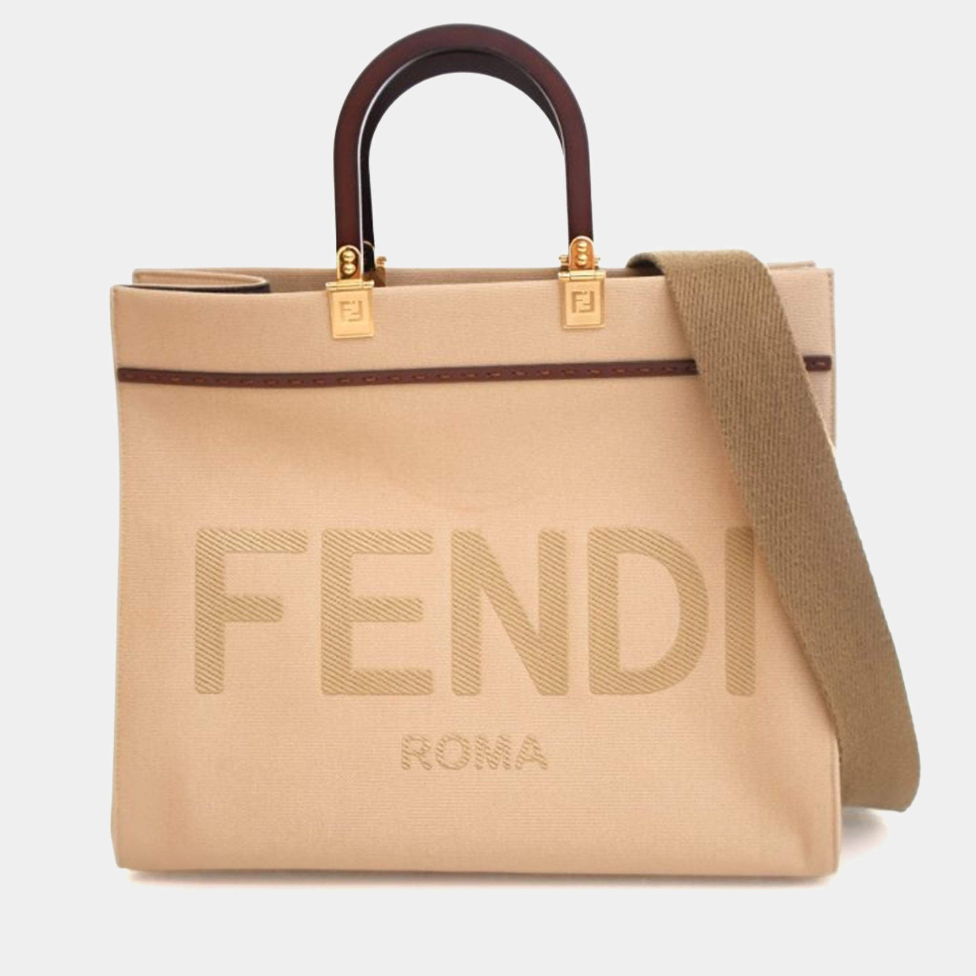 Pre Owned Fendi Medium Brown Canvas Sunshine Shopper Tote
