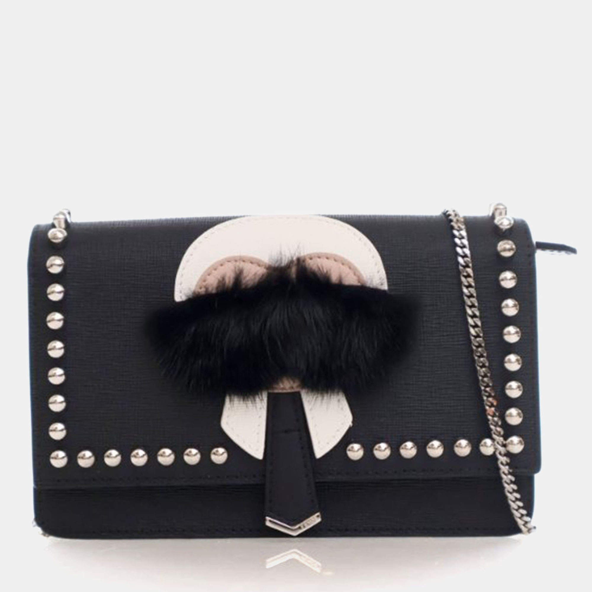 Pre Owned Fendi Karl Lagerfeld Black Calf Leather Wallet On Chain