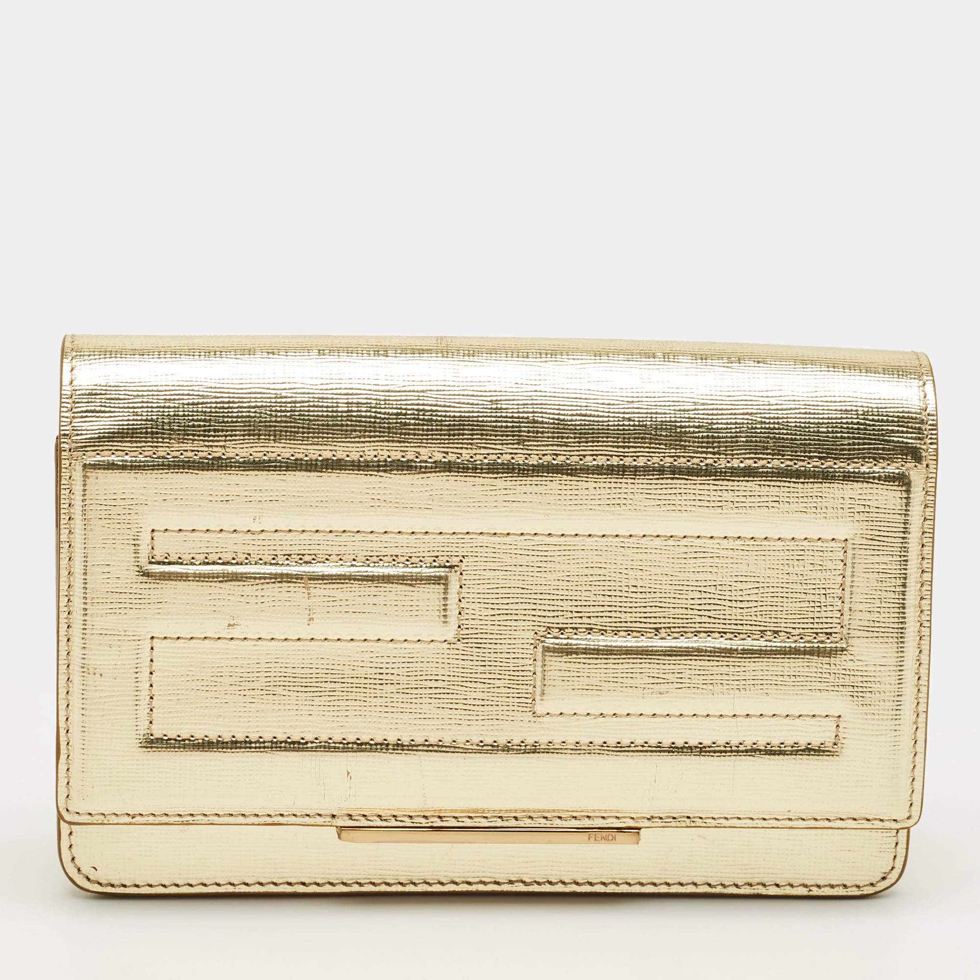 Pre Owned Fendi Gold Textured Leather Tube Wallet