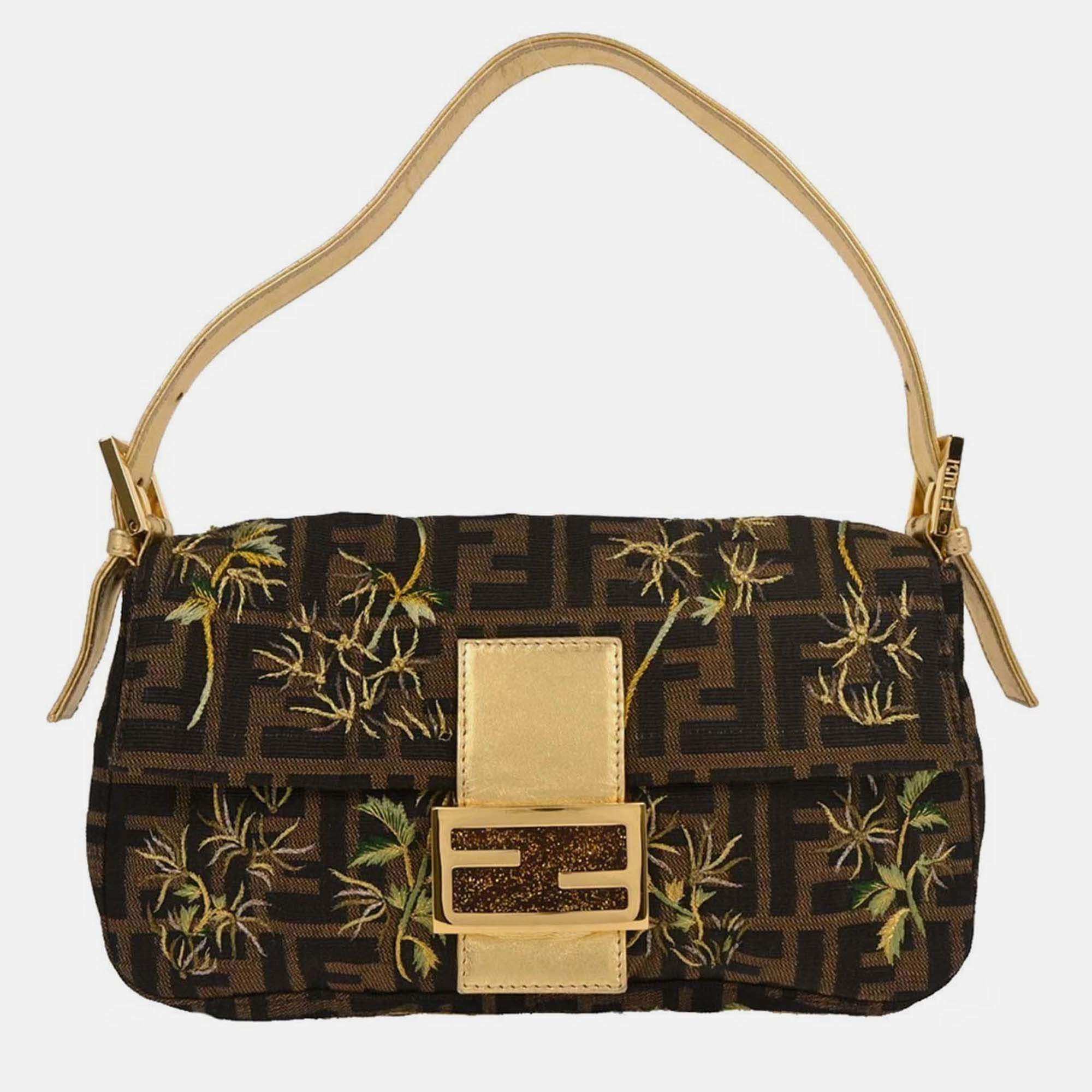 Pre Owned Fendi Gold Embroidered Zucca Baguette Handbag