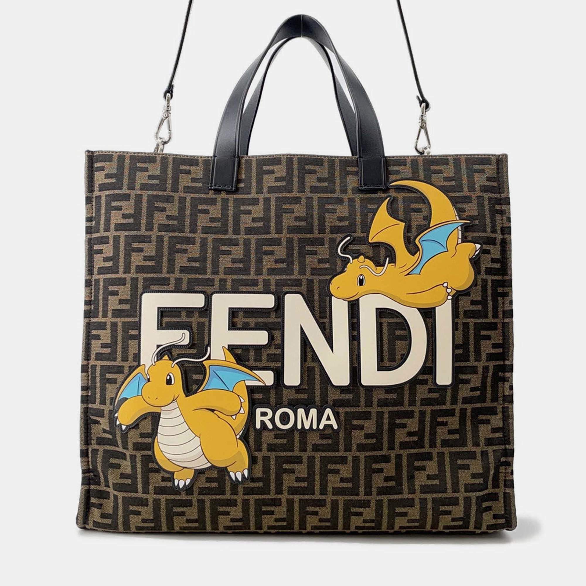 Pre Owned Fendi Fragment 2-Way Tote Bag Pokemon Dragonite Brown/Black Canvas