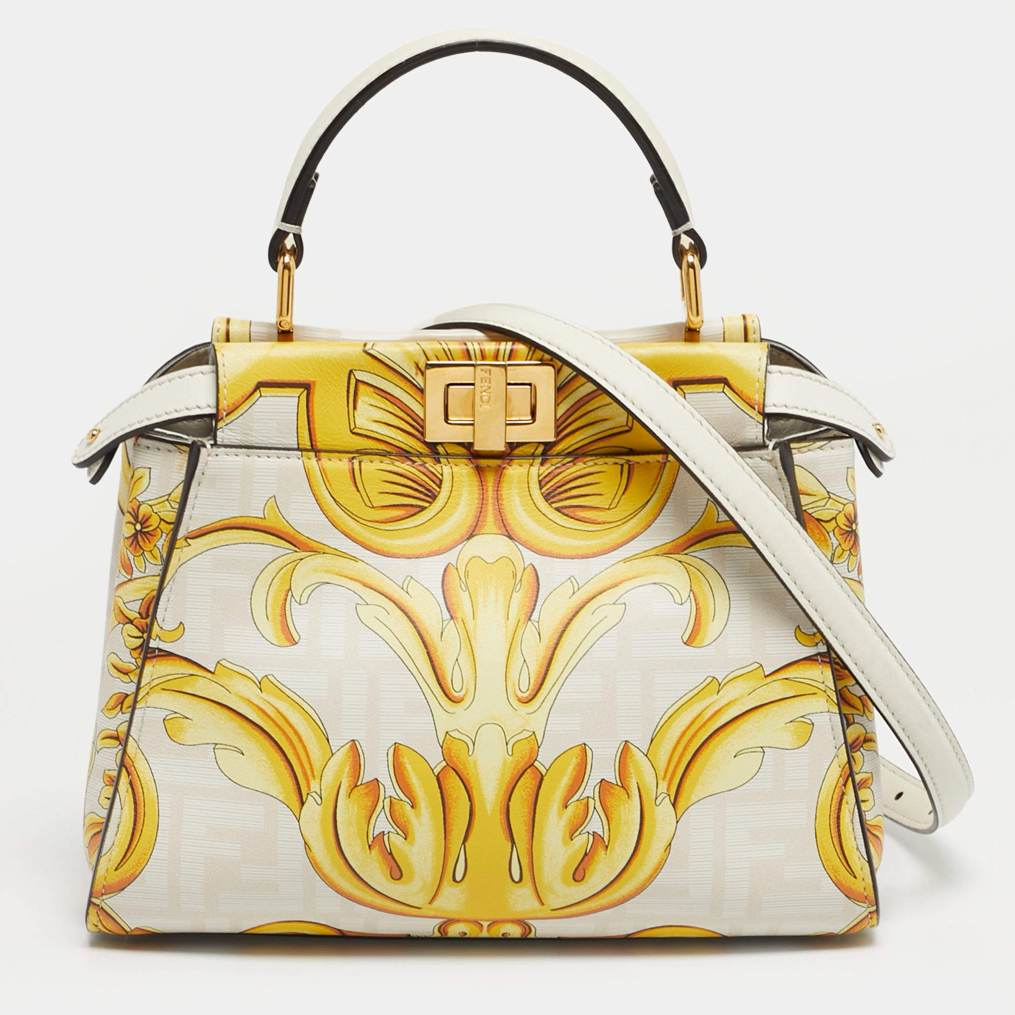 Pre Owned Fendi x Versace Yellow/White Zucca Baroque Print Leather Mini Fendace Peekaboo Top Handle Bag