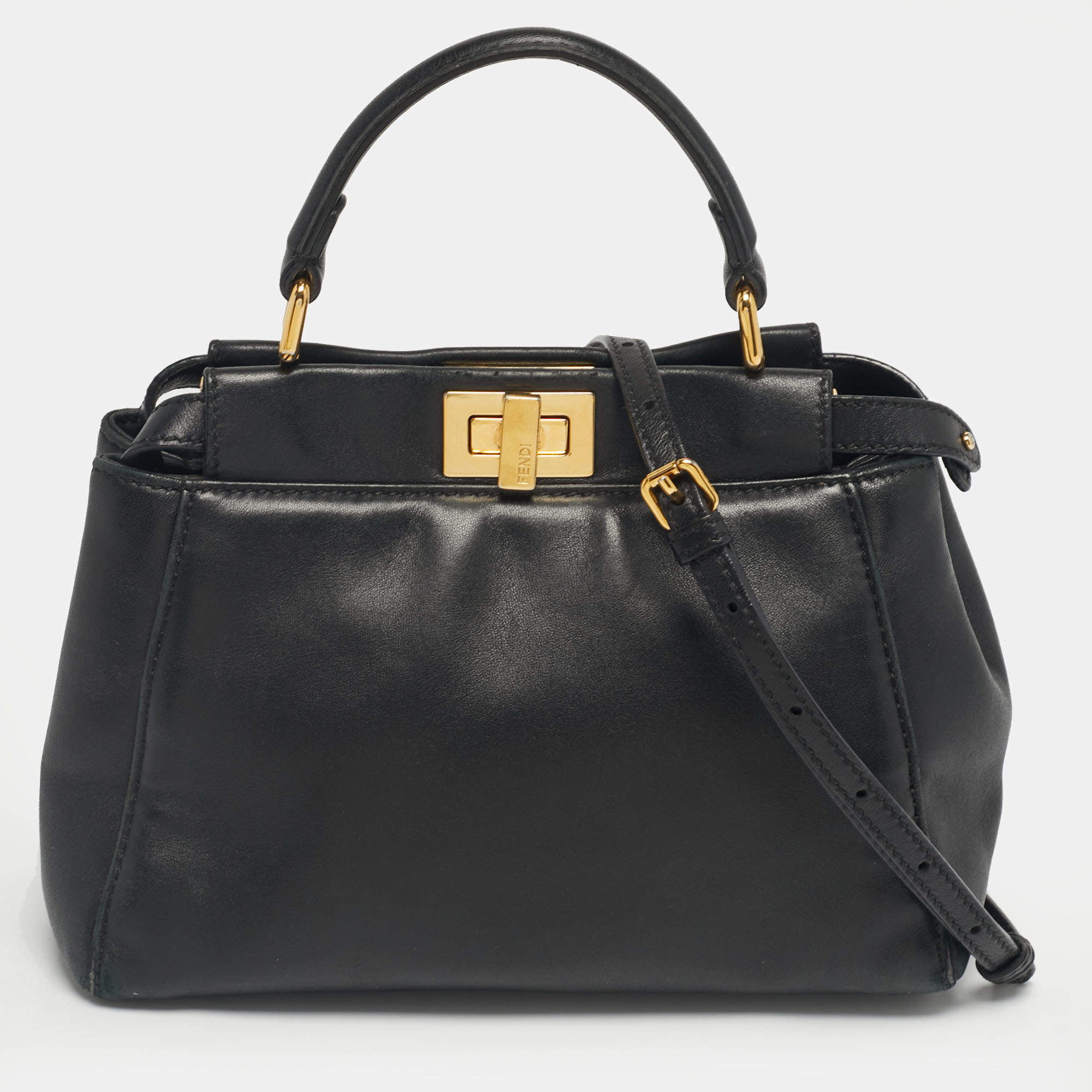 Pre Owned Fendi Black Leather Mini Peekaboo Top Handle Bag