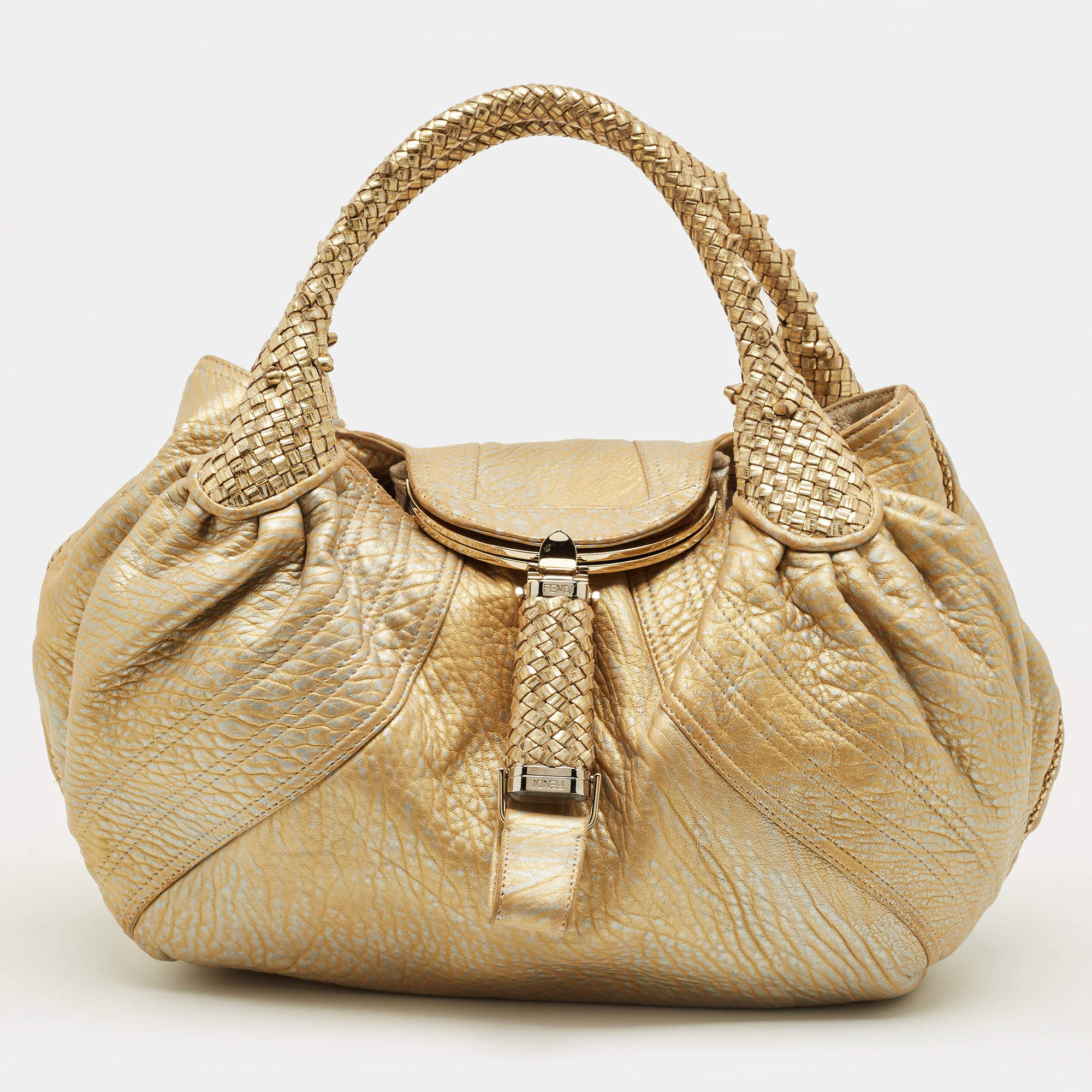Pre Owned Fendi Gold Textured Leather Spy Hobo