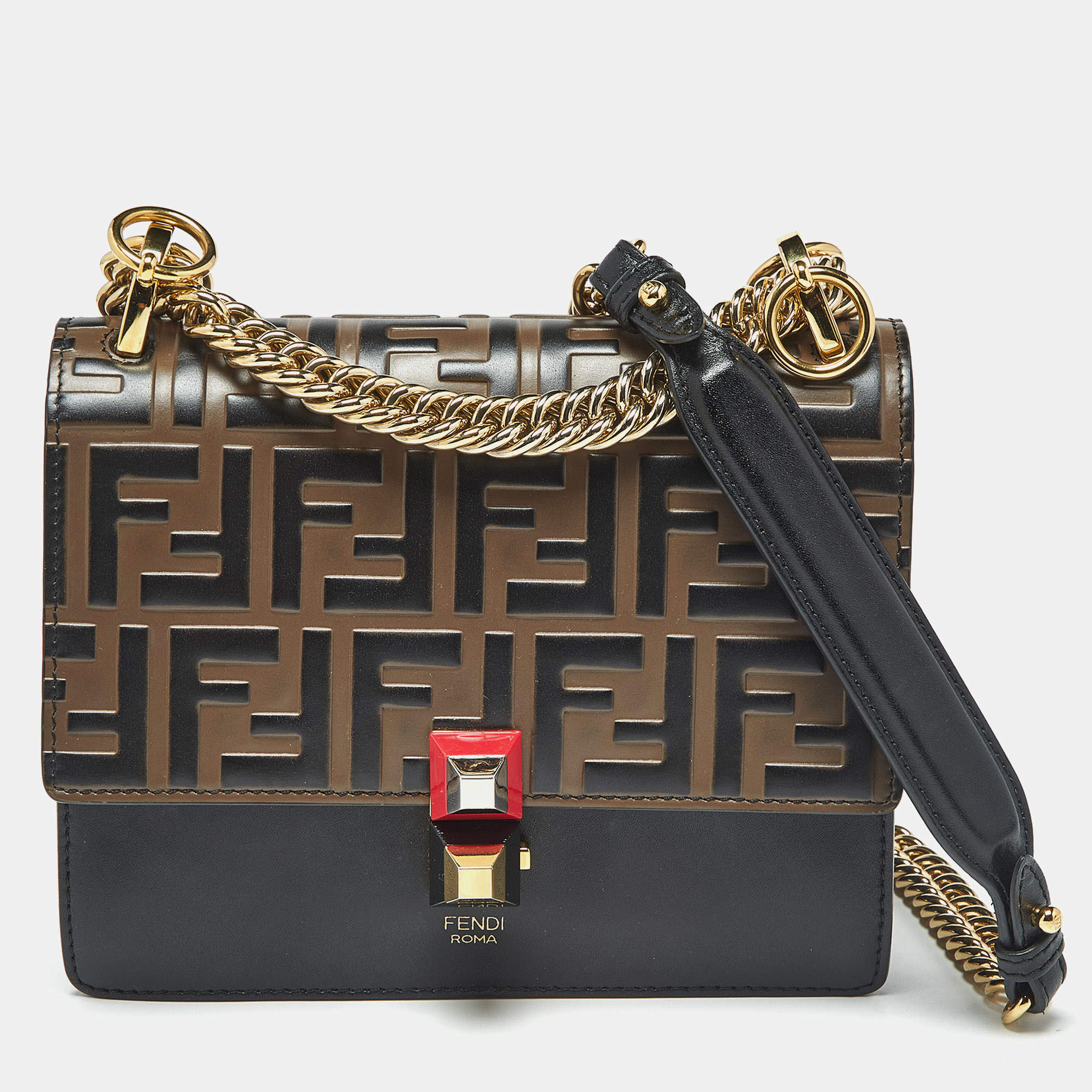 Pre Owned Fendi Black/Brown Zucca Leather Small Kan I Chain Shoulder Bag