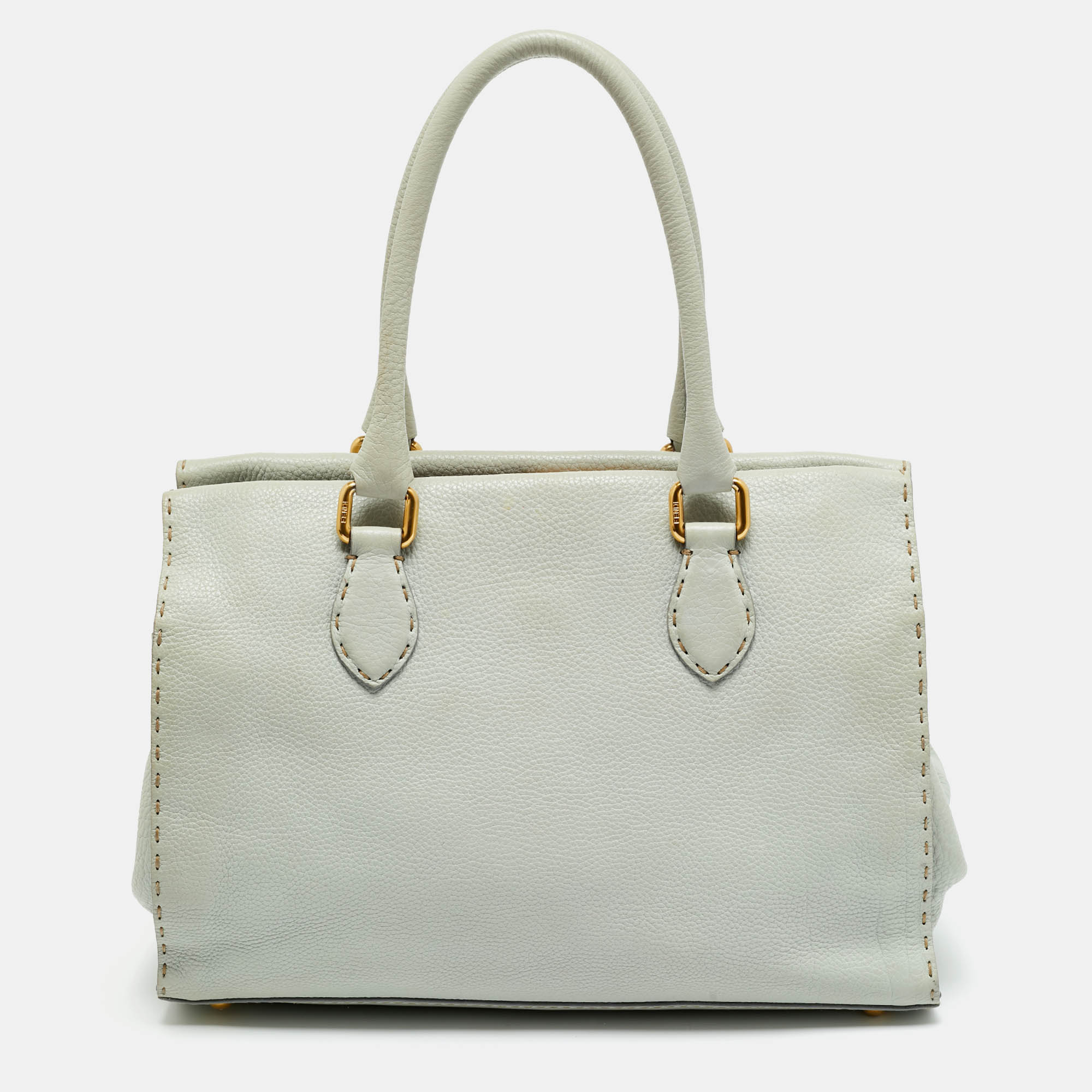 Pre Owned Fendi Mint Green Selleria Leather Firenze Frame Tote