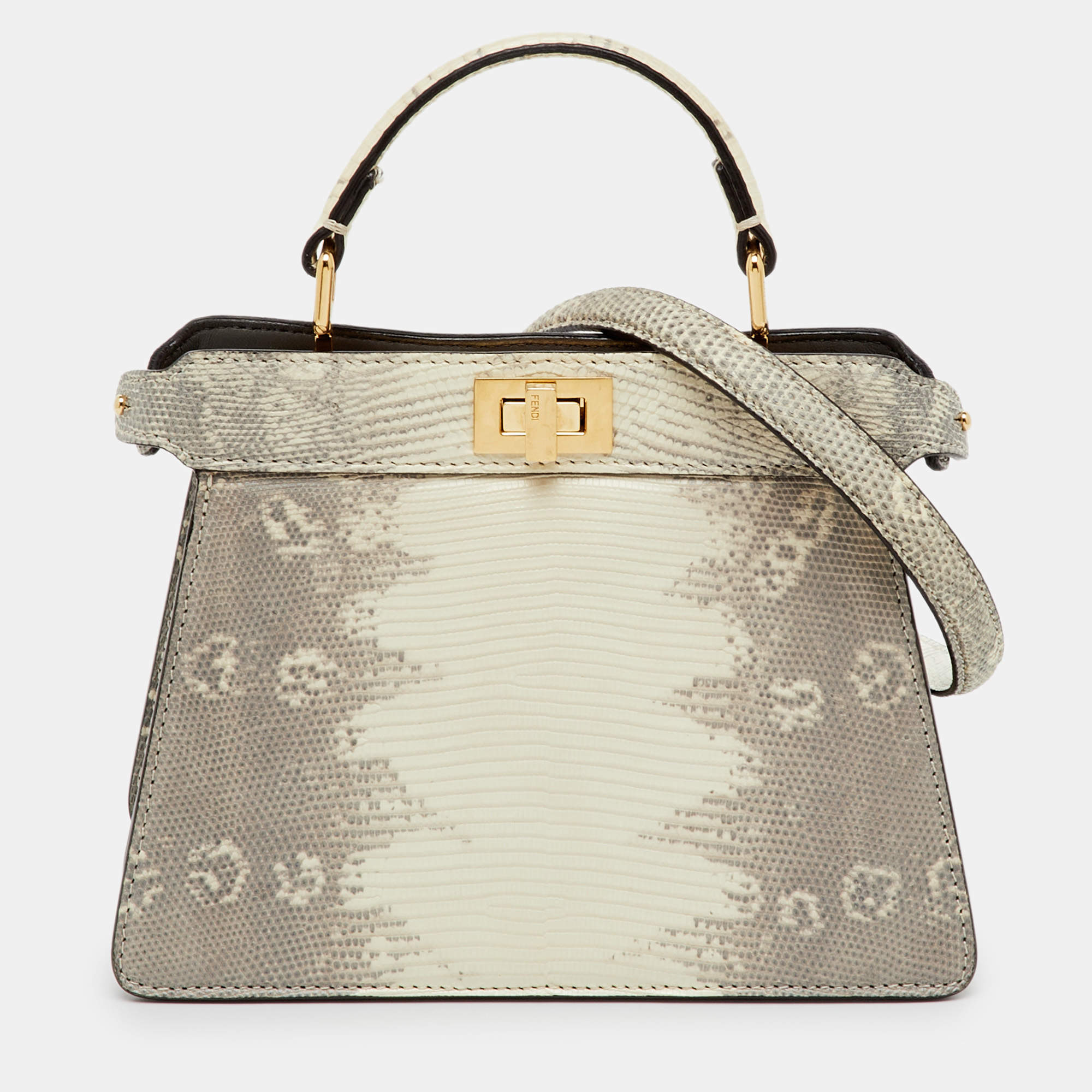 Pre Owned Fendi Grey/White Lizard Peekaboo ISeeU Petite Top Handle Bag