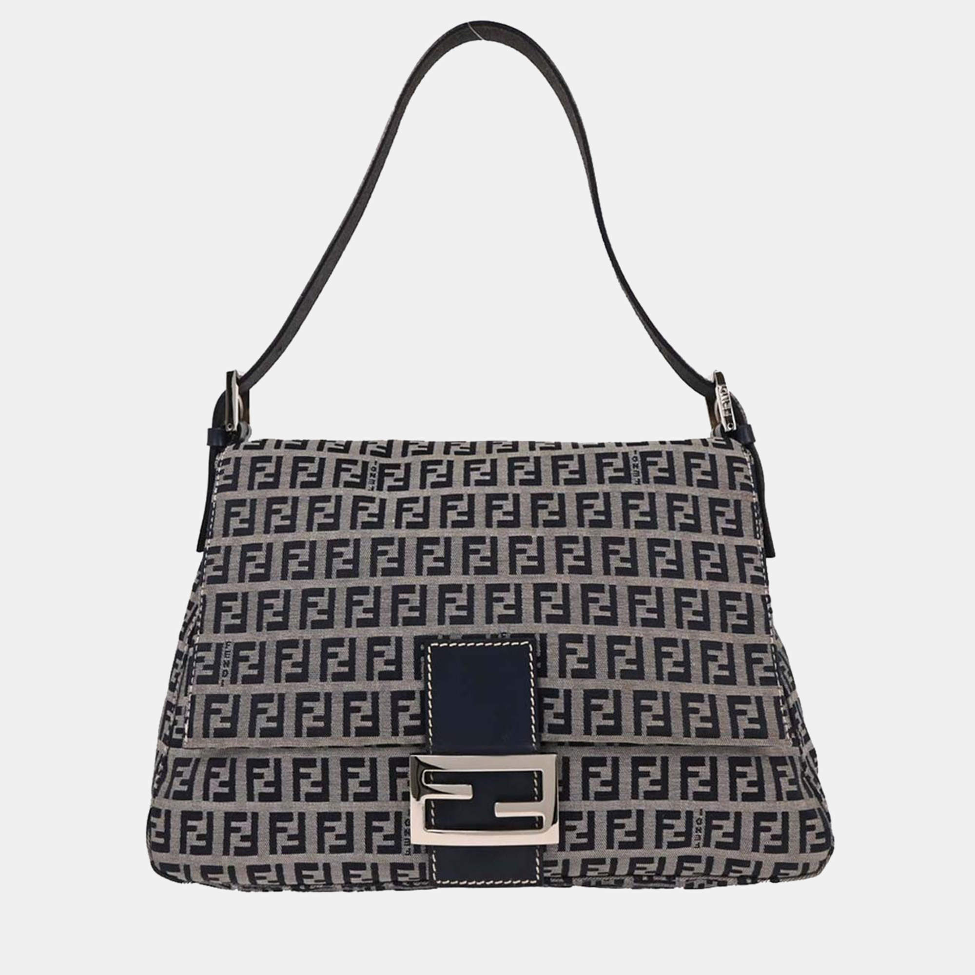 Pre Owned Fendi Navy Gray Zucchino Mamma Baguette Handbag