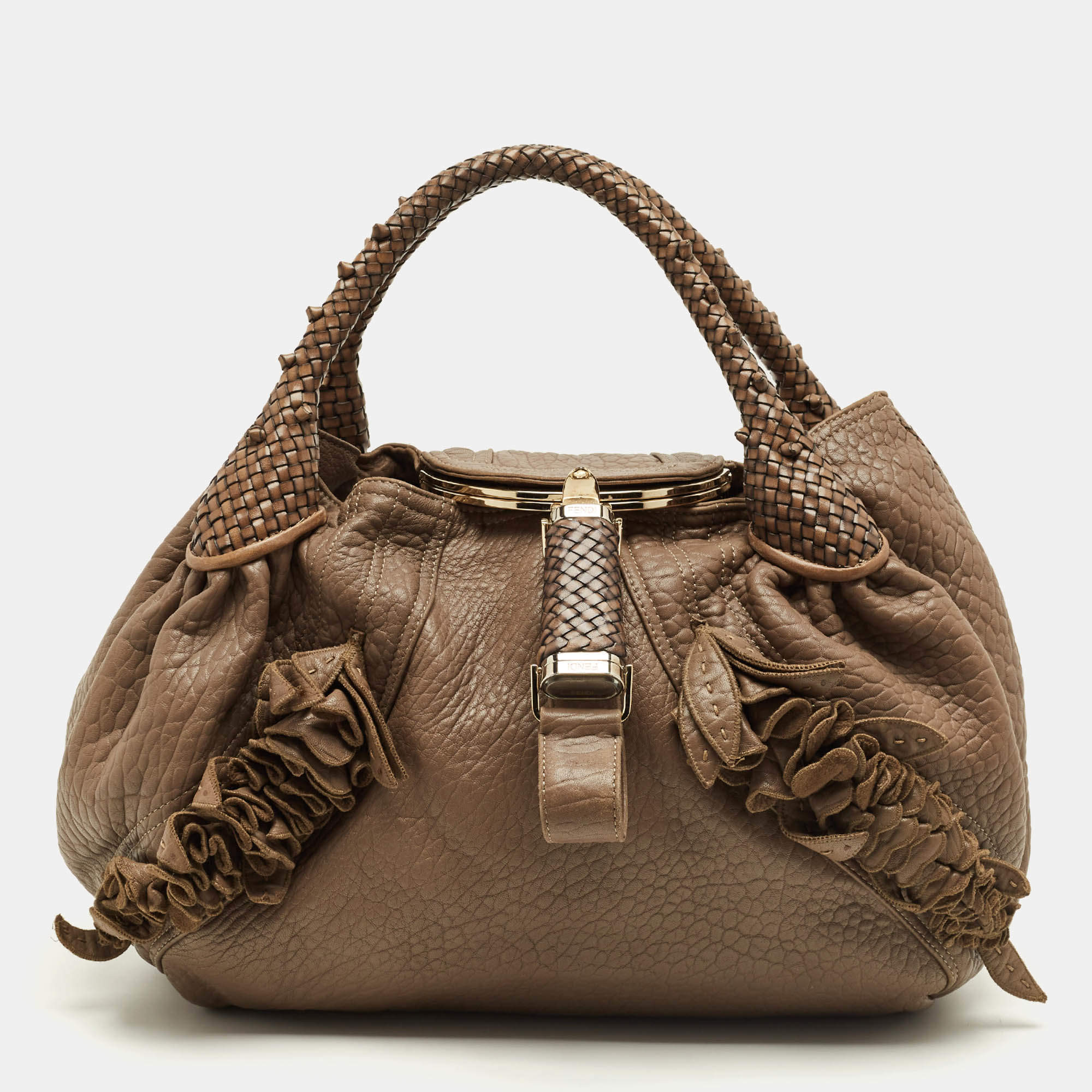 Pre Owned Fendi Dark Beige Pebbled Leather Spy Hobo