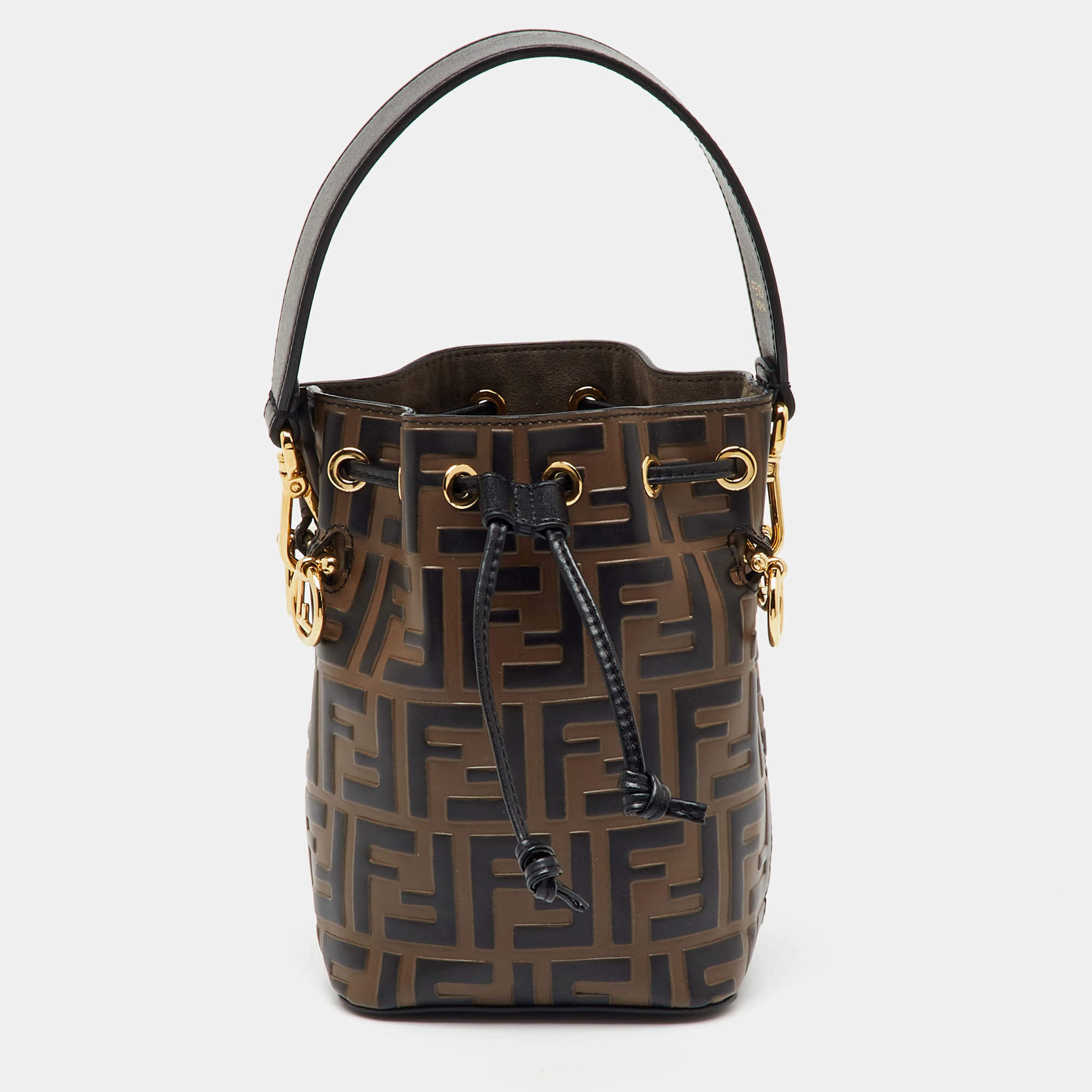 Pre Owned Fendi Brown/Black Zucca Leather Mini Mon Tresor Drawstring Bucket Bag