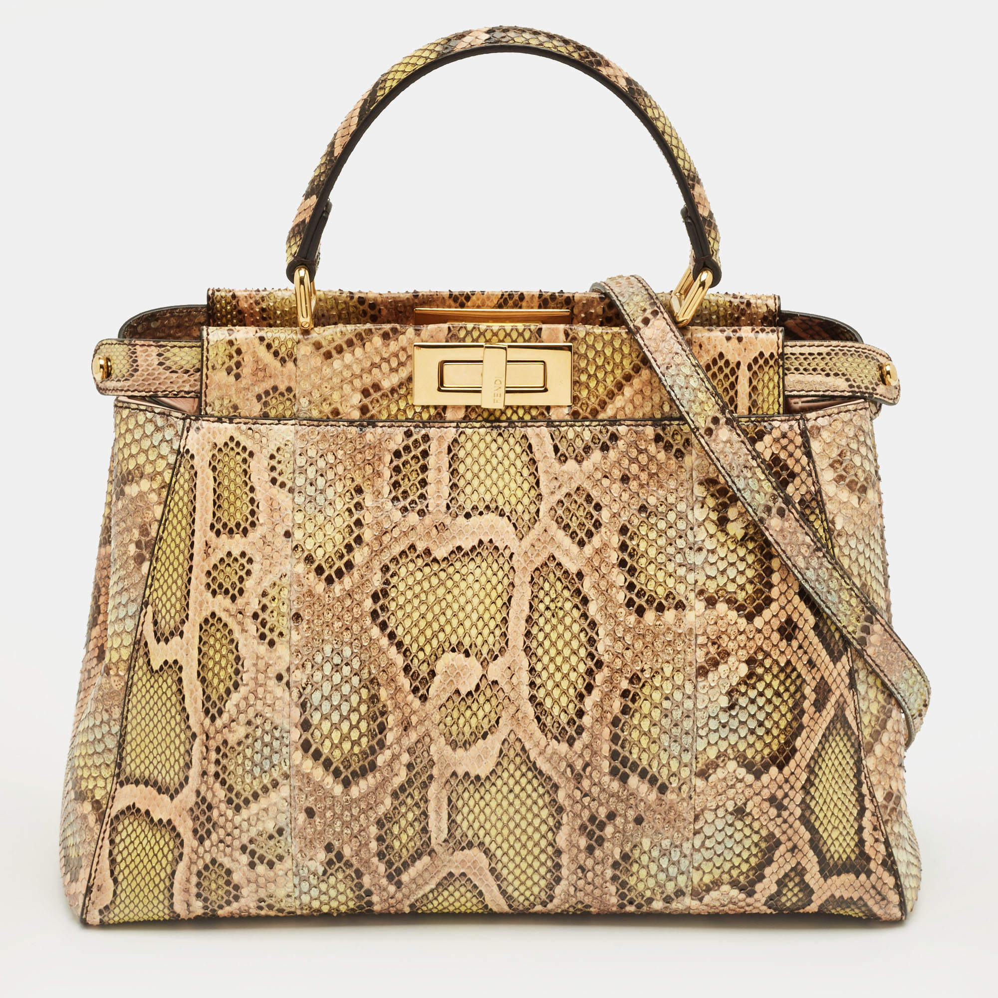 Pre Owned Fendi Green/Beige Python Medium Peekaboo Top Handle Bag