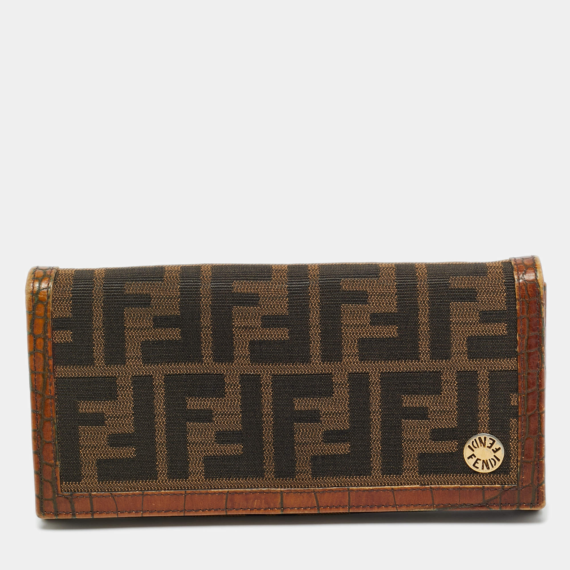 Pre Owned Fendi Tobacco Zucca Canvas and Croc Embossed Leather Flap Continental Wallet