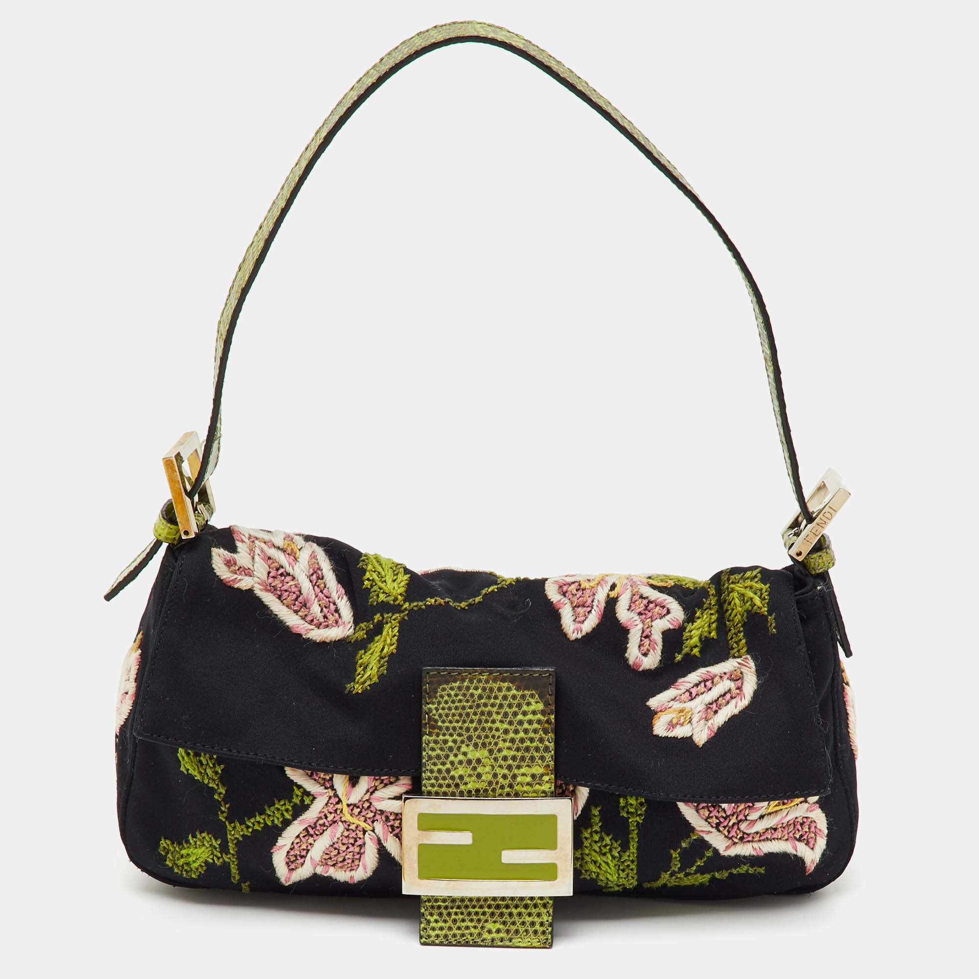 Pre Owned Fendi Black/Green Floral Embroidered Canvas and Lizard Trim Mama Baguette Bag