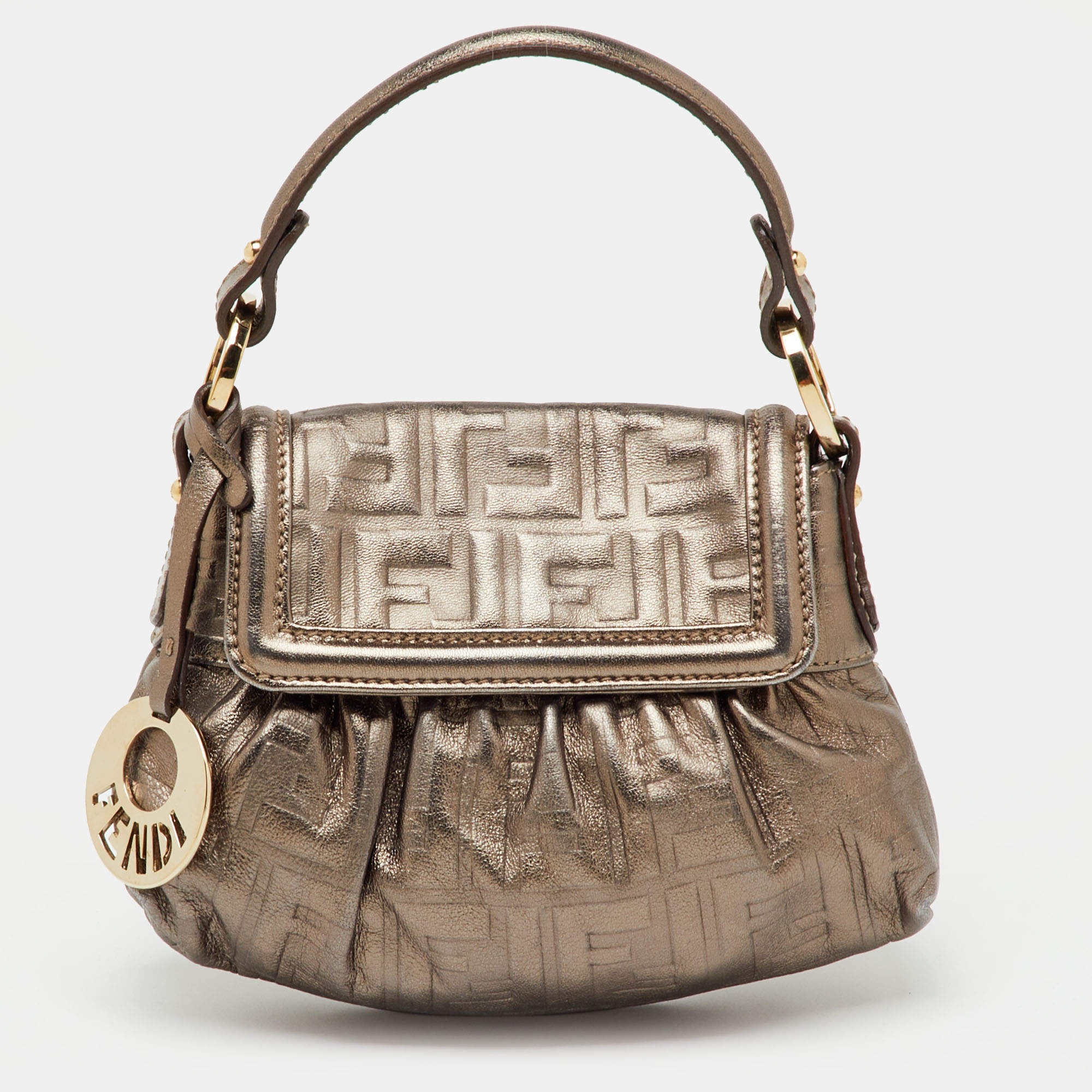 Pre Owned Fendi Metallic Grey FF Embossed Leather Mini Chef Bag