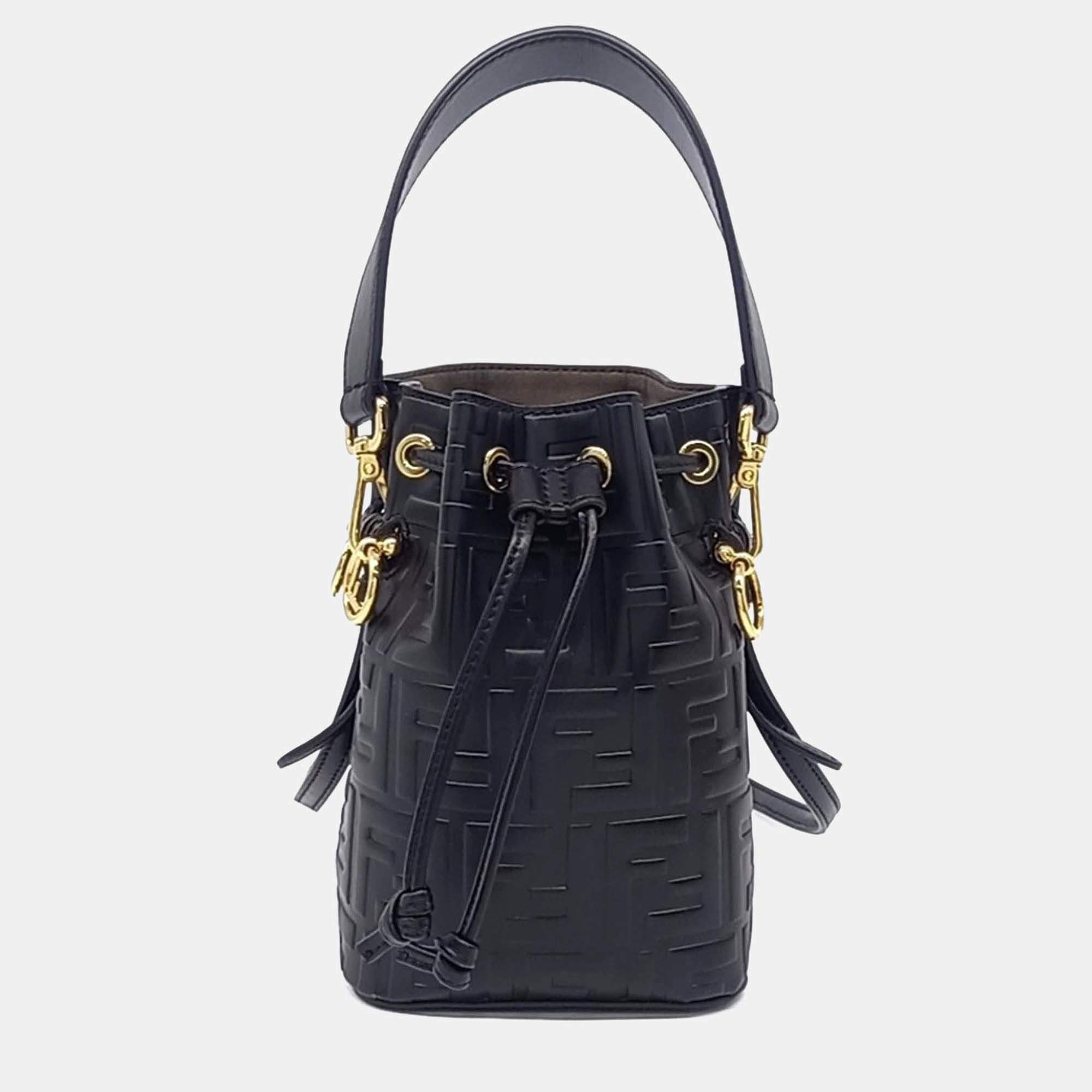 Pre Owned Fendi Black Leather Montrezo Bucket Bag Mini