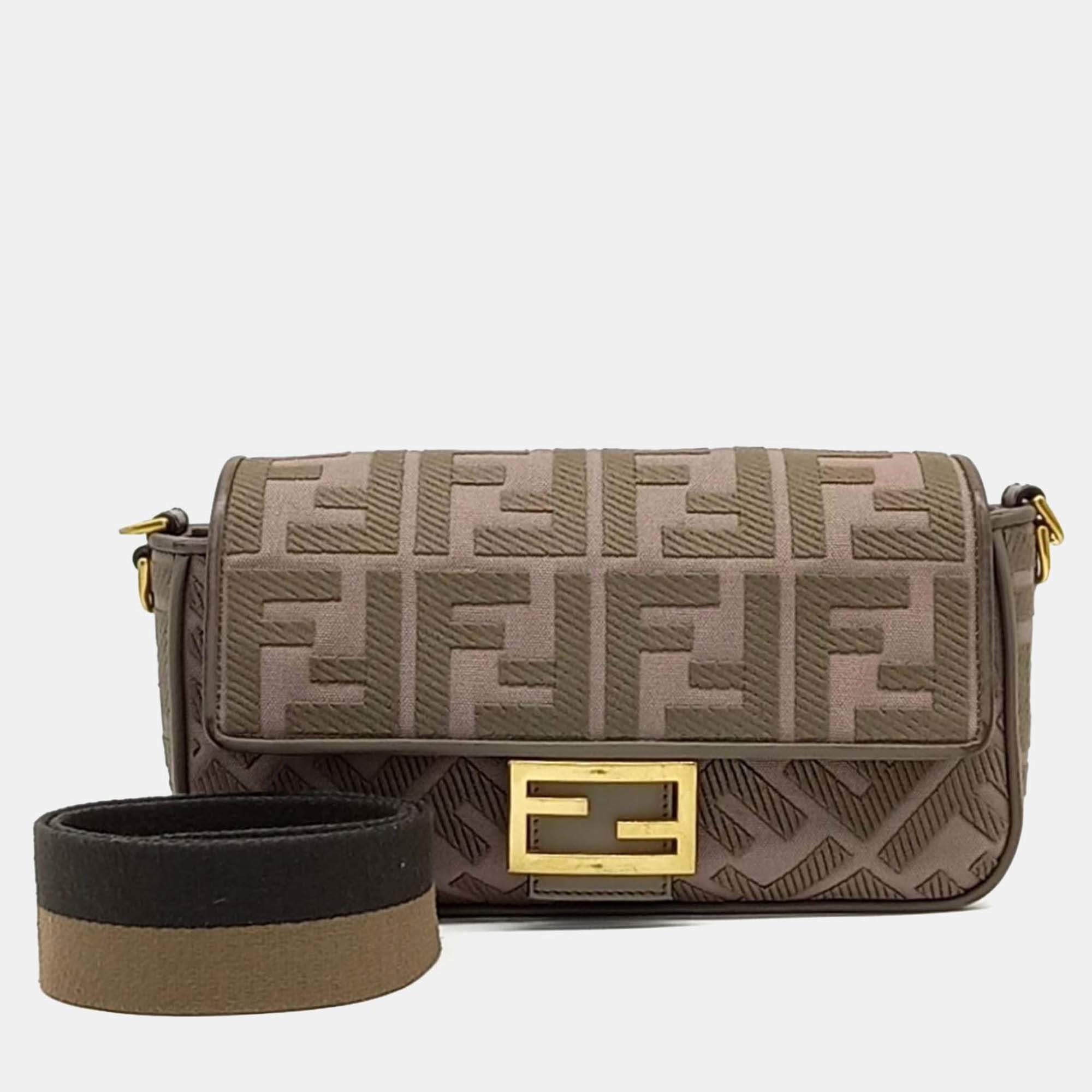 Pre Owned Fendi Brown Canvas and Leather Baguette Bag