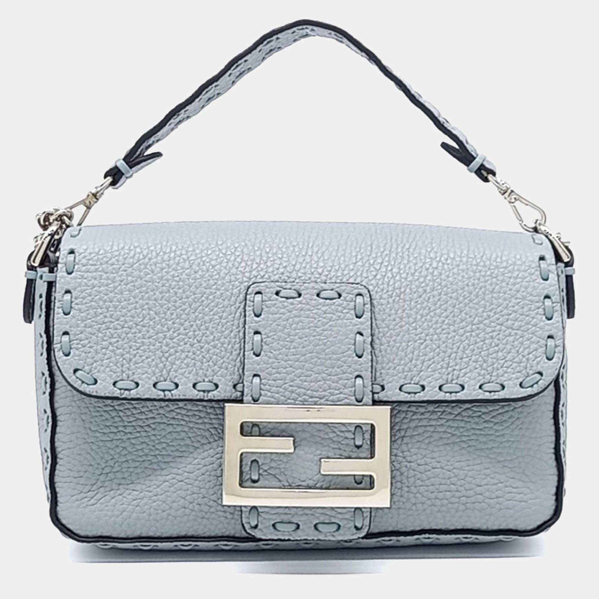 Pre Owned Fendi Blue Leather Selleria Baguette Mini