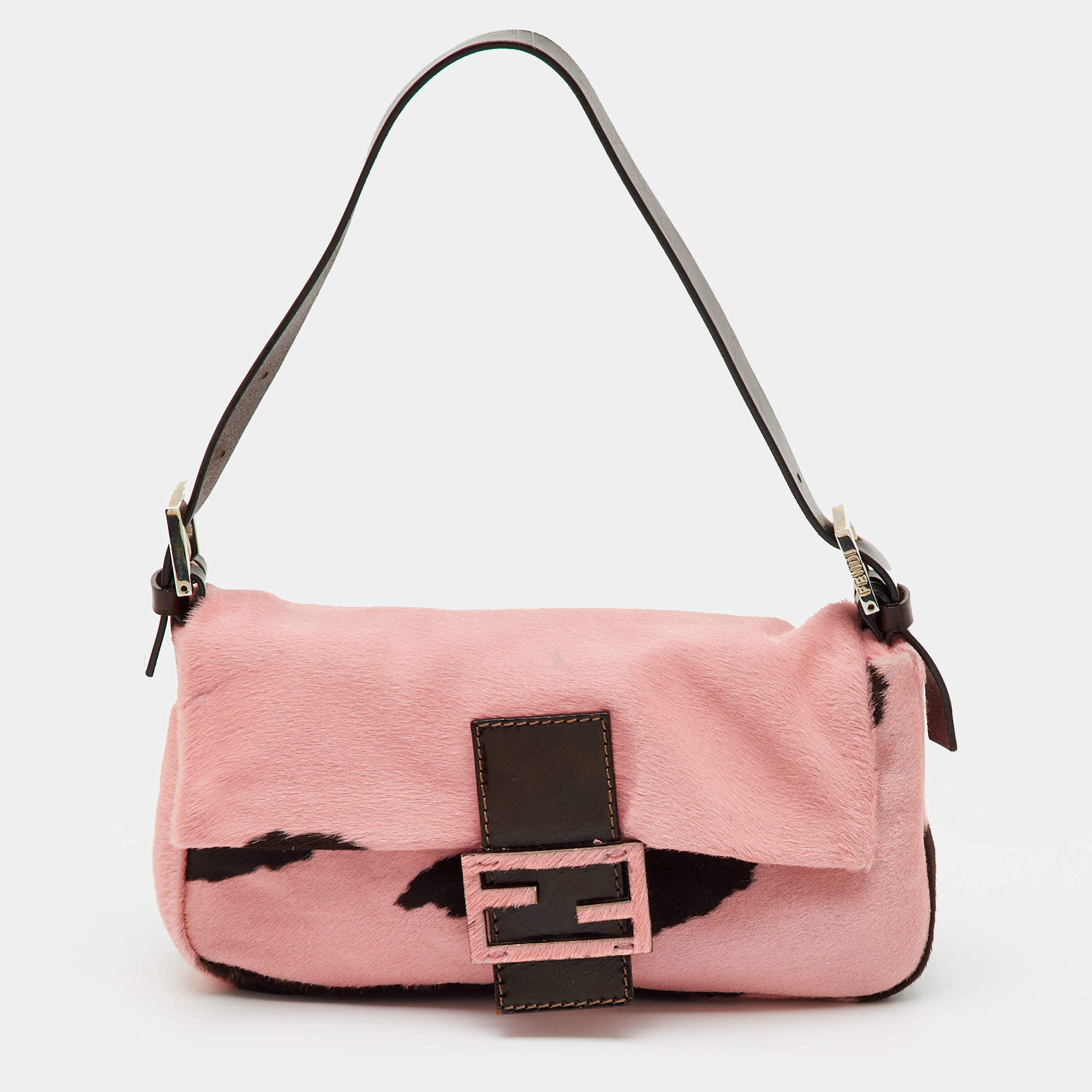 Pre Owned Fendi Pink/Brown Calf Hair and Leather Mama Baguette Bag