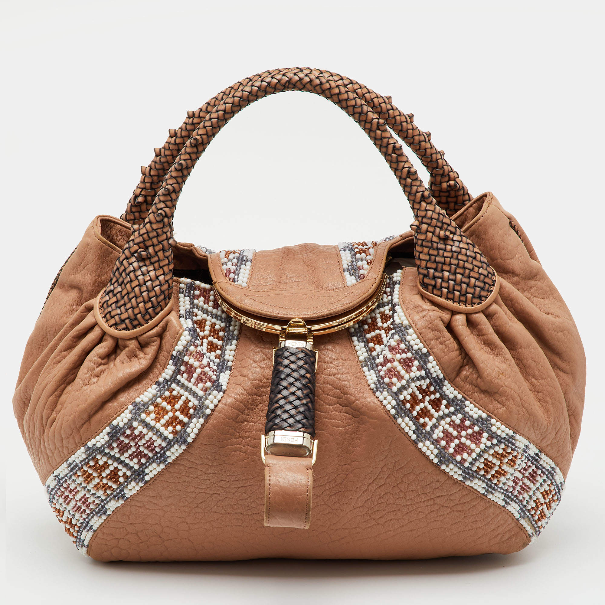 Pre Owned Fendi Beige Leather Beaded Spy Hobo