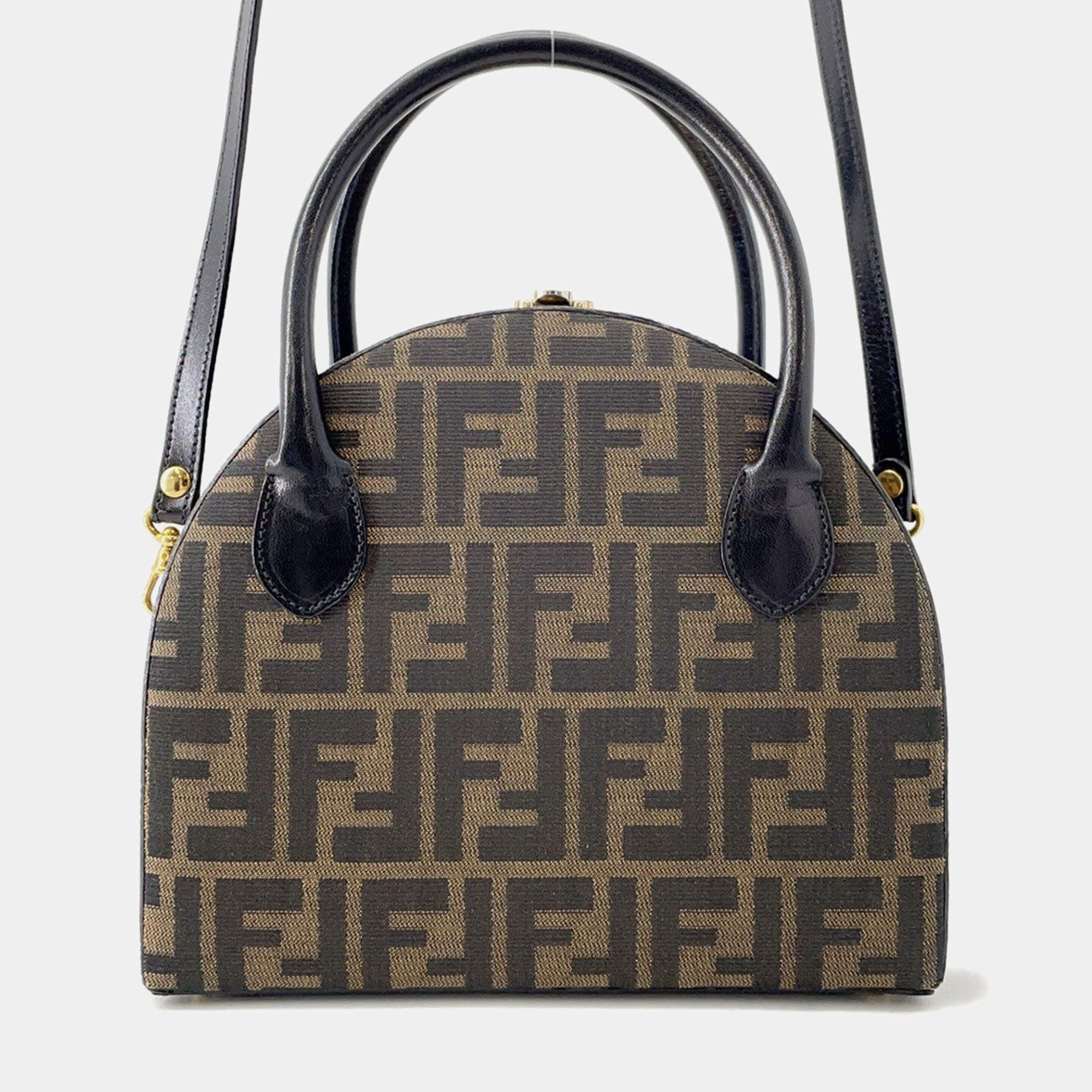 Pre Owned Fendi Zucca 2-Way Bag Khaki Canvas Leather