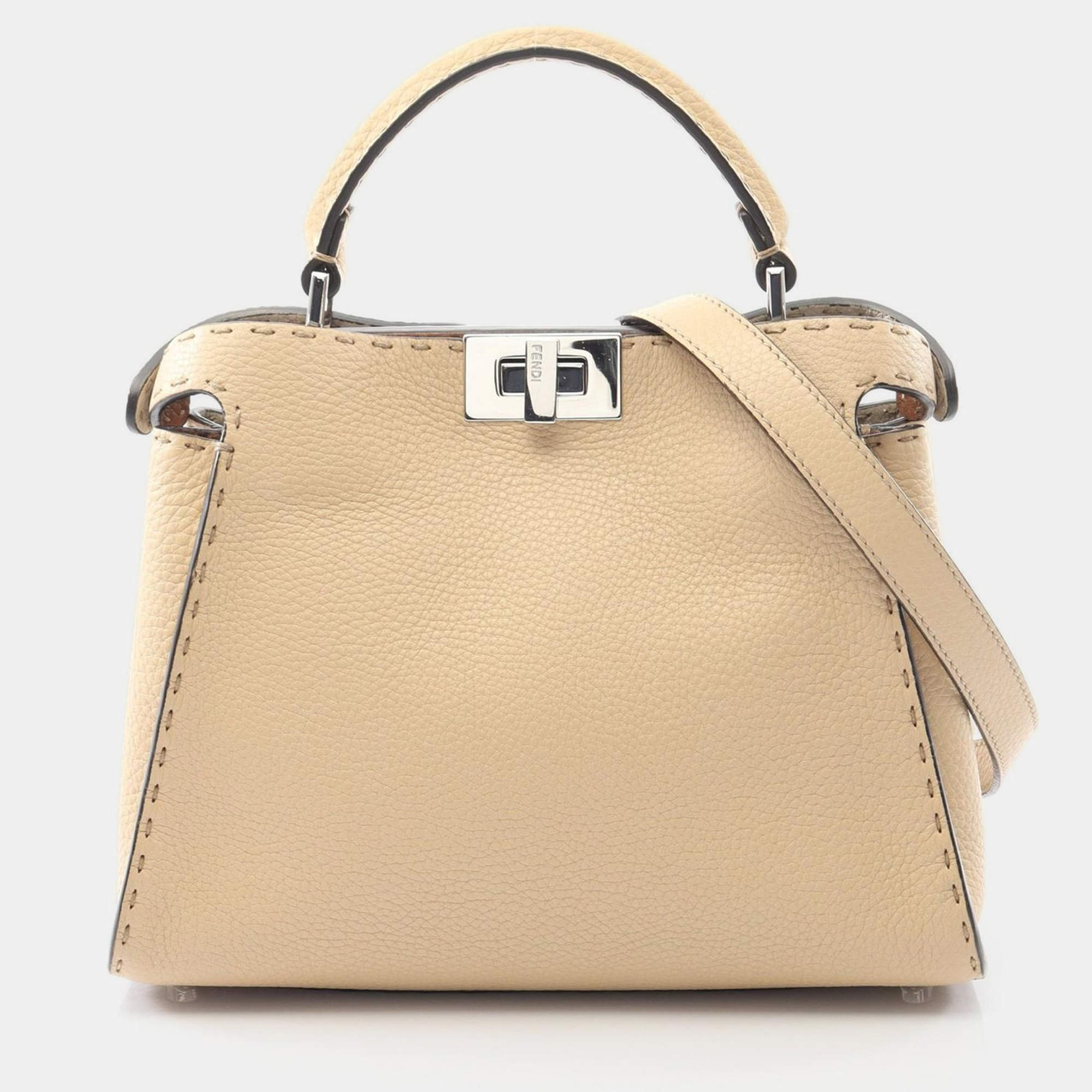 Pre Owned Fendi Peekaboo Beige Leather Shoulder Bag