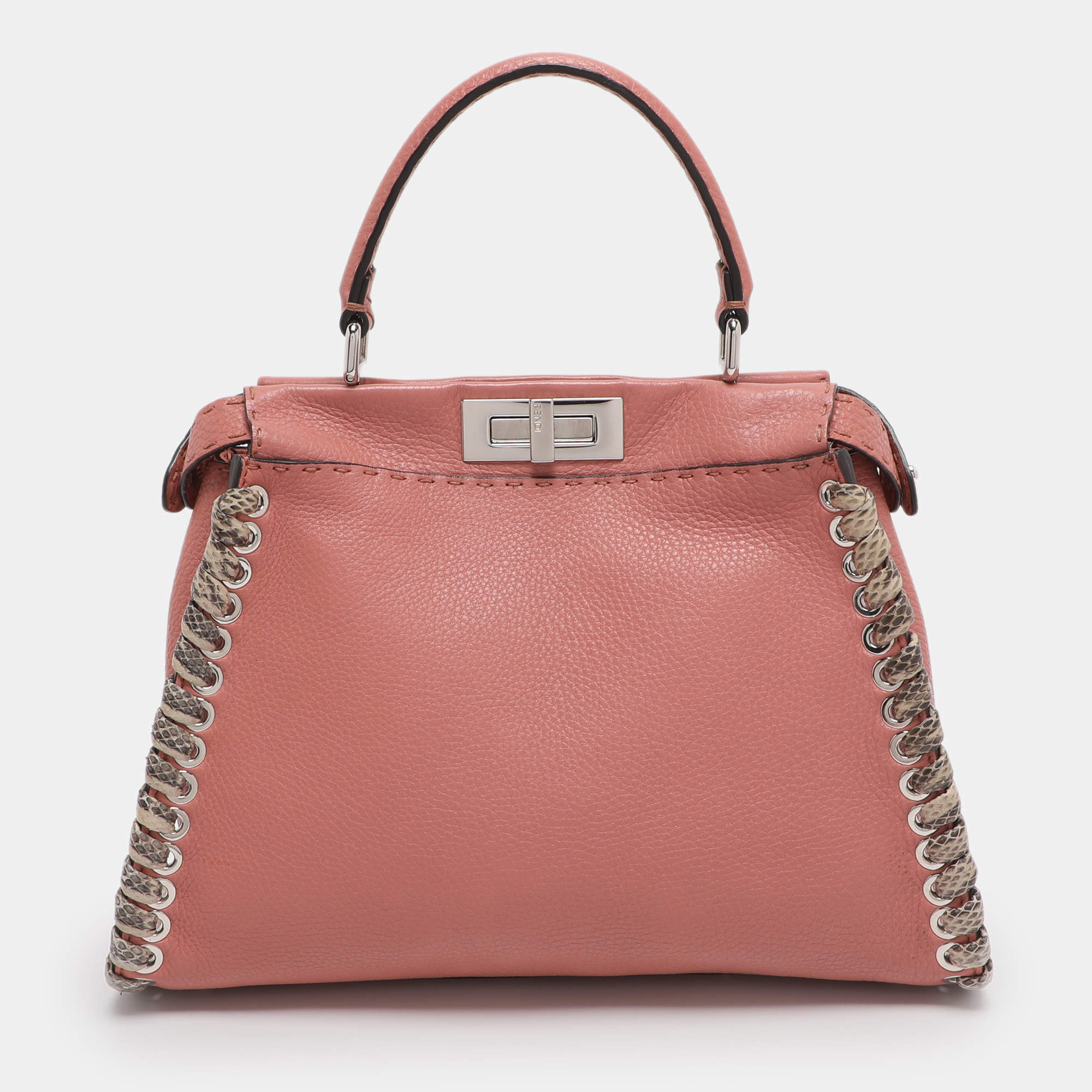مملوكة مسبقًا Fendi Whipstitch Peekaboo Regular Old Rose Leather Top Handle Bag