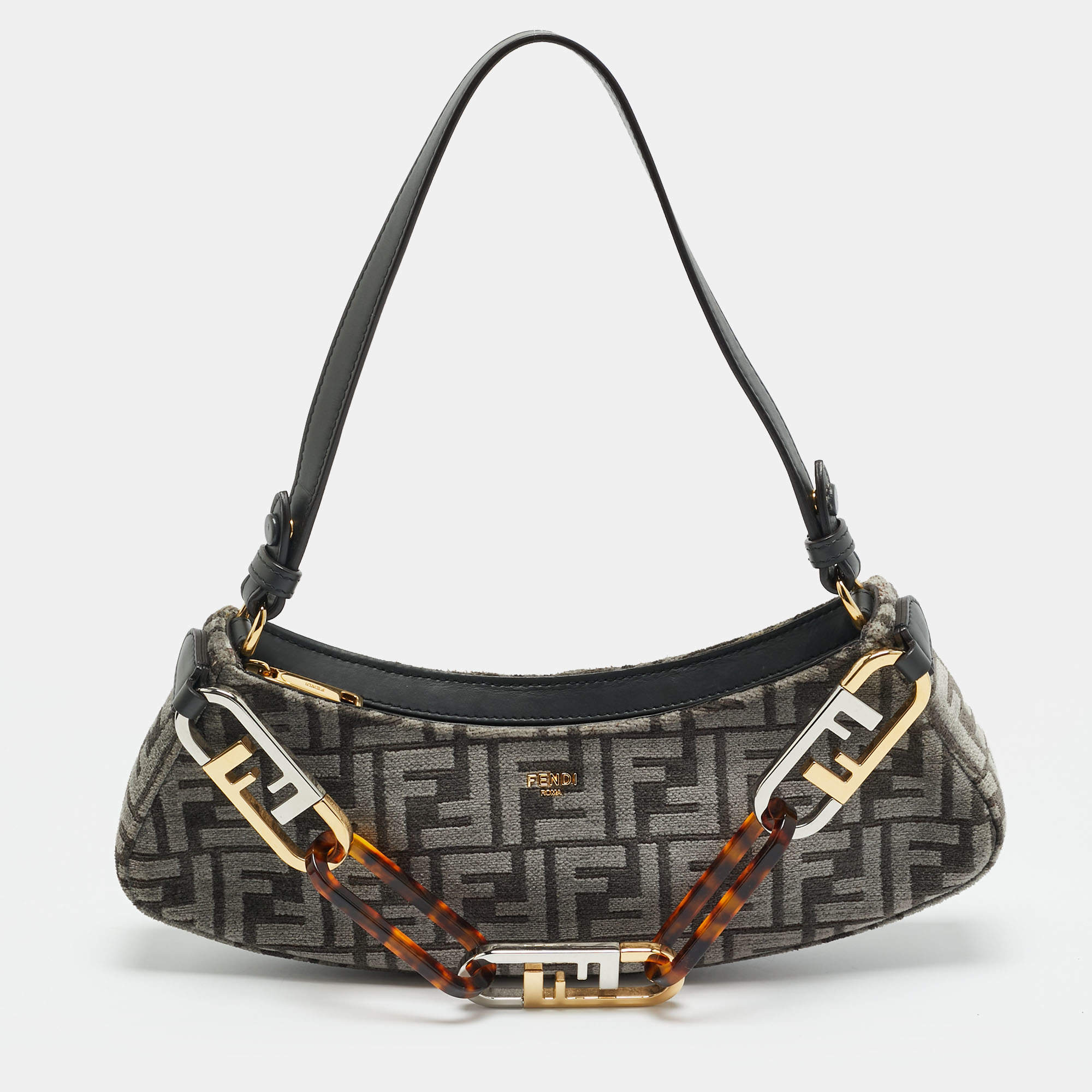 Pre Owned Fendi Swing O'Lock Grey/Black Zucca Velvet and Leather Hobo