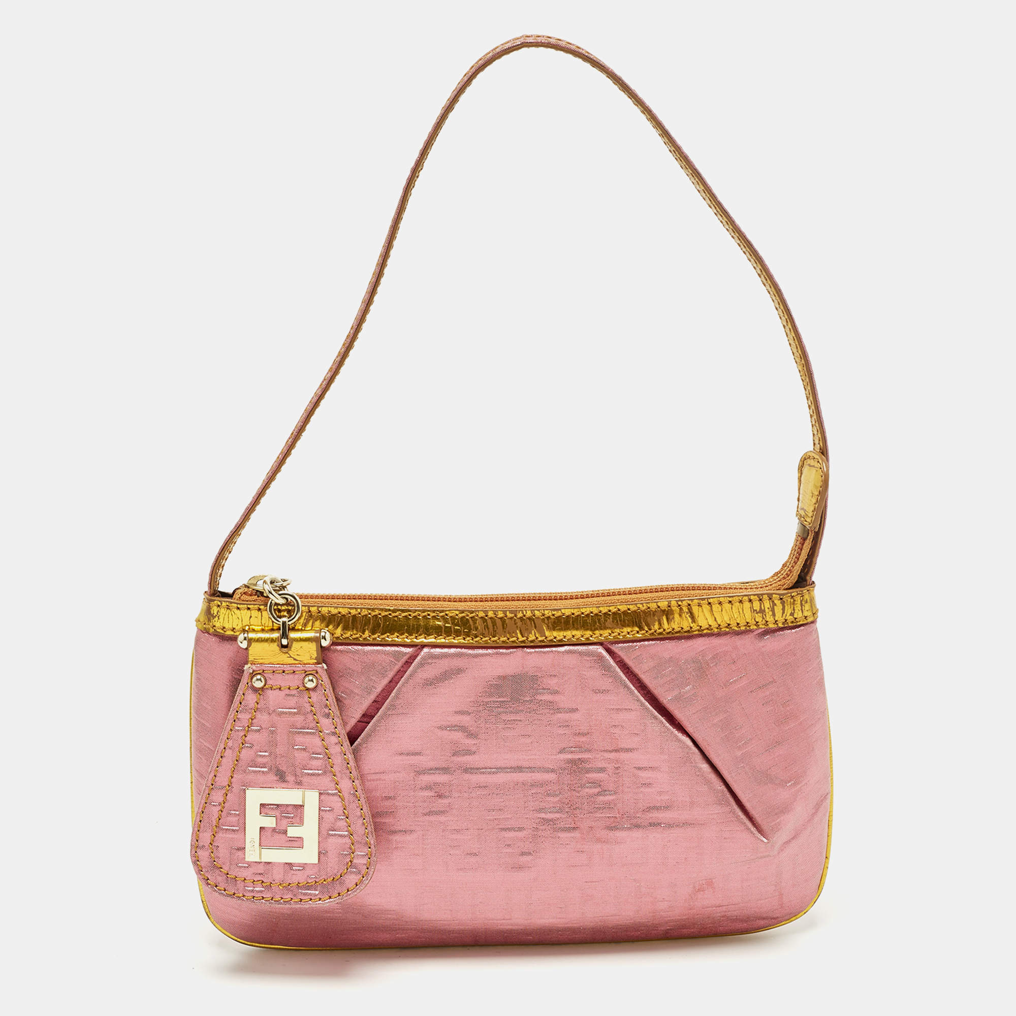مملوكة مسبقًا Fendi Pink/Gold Zucchino Lurex Fabric Accessory Pochette