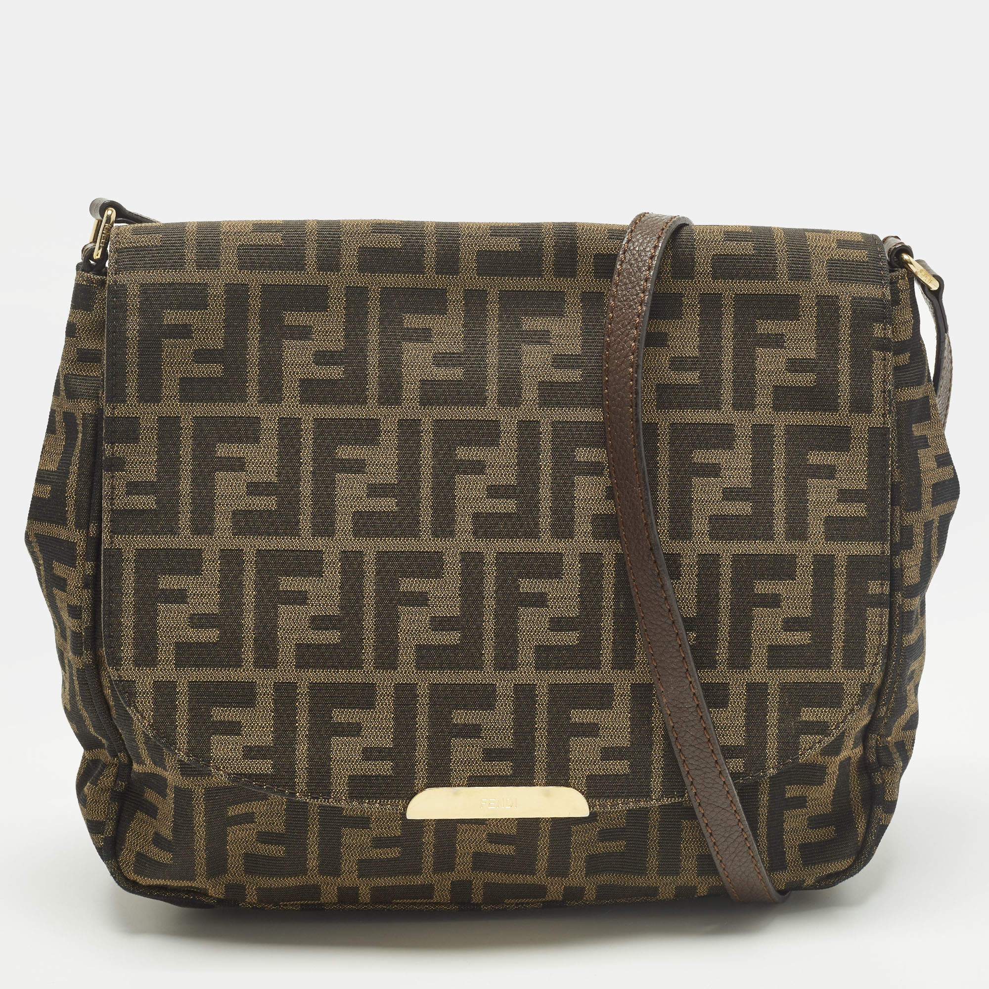 Pre Owned Fendi Tobacco Zucca Canvas Flap Crossbody Bag