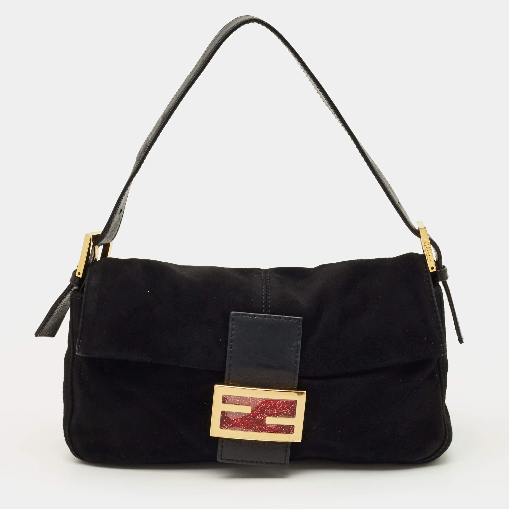 Pre Owned Fendi Flap Baguette Black Suede Bag