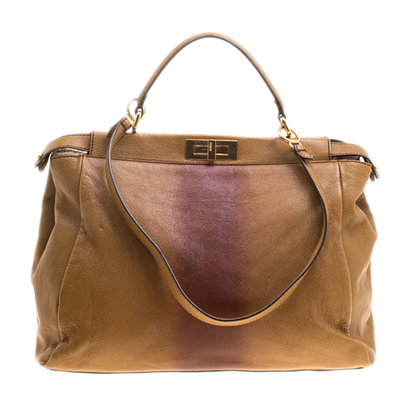Pre Owned Fendi Tan/Brown Ombre Leather with Calfhair Lining Large Peekaboo Top Handle Bag