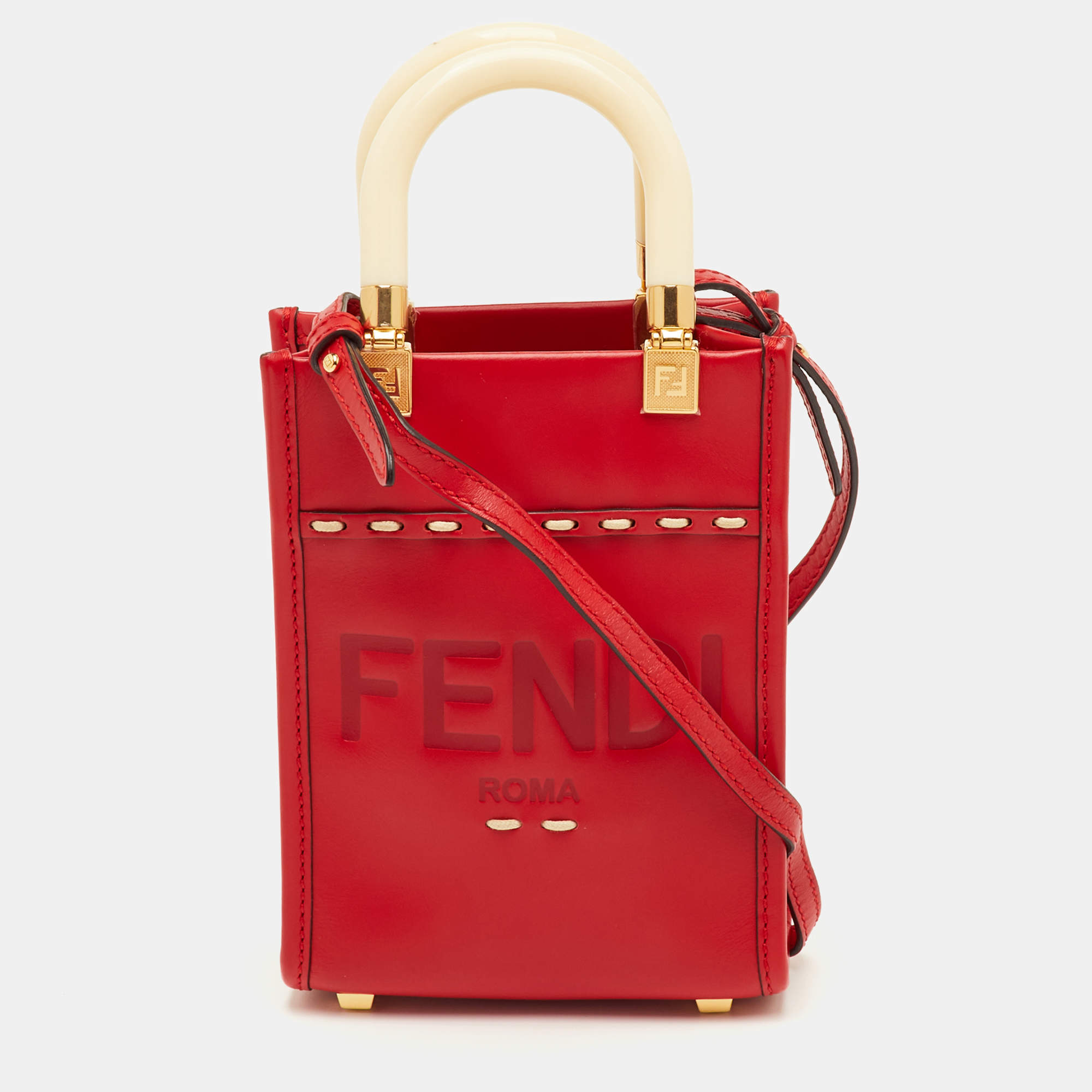 Pre Owned Fendi Sunshine Mini Red Leather Tote