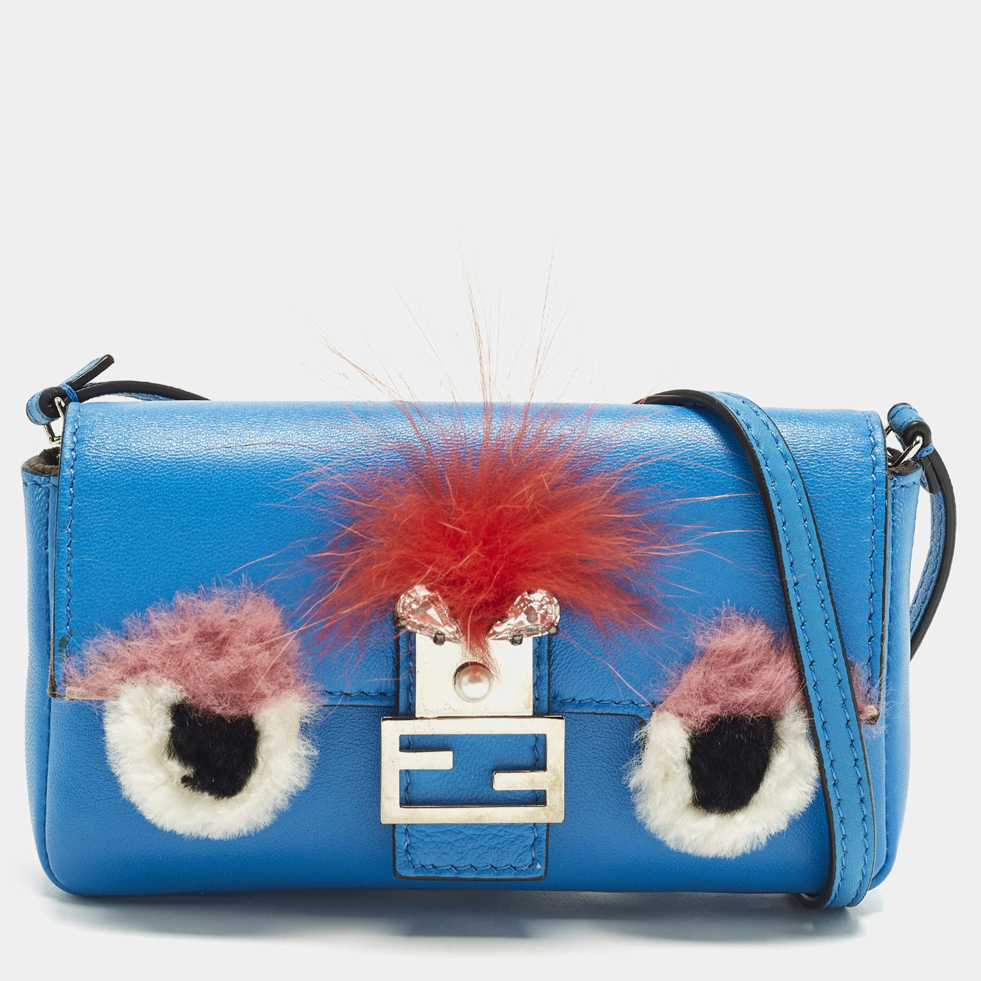 مملوكة مسبقًا Fendi Monster Micro Blue Fur and Leather Baguette Bag