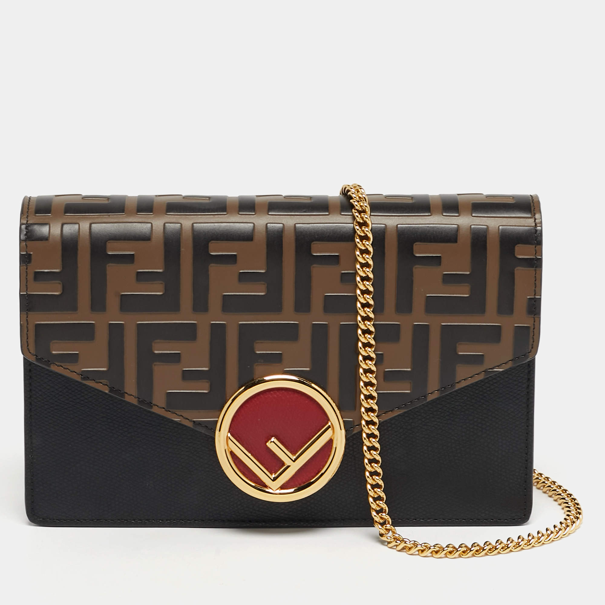 Pre Owned Fendi F is Fendi Medium Zucca Black/Brown Leather Wallet On Chain