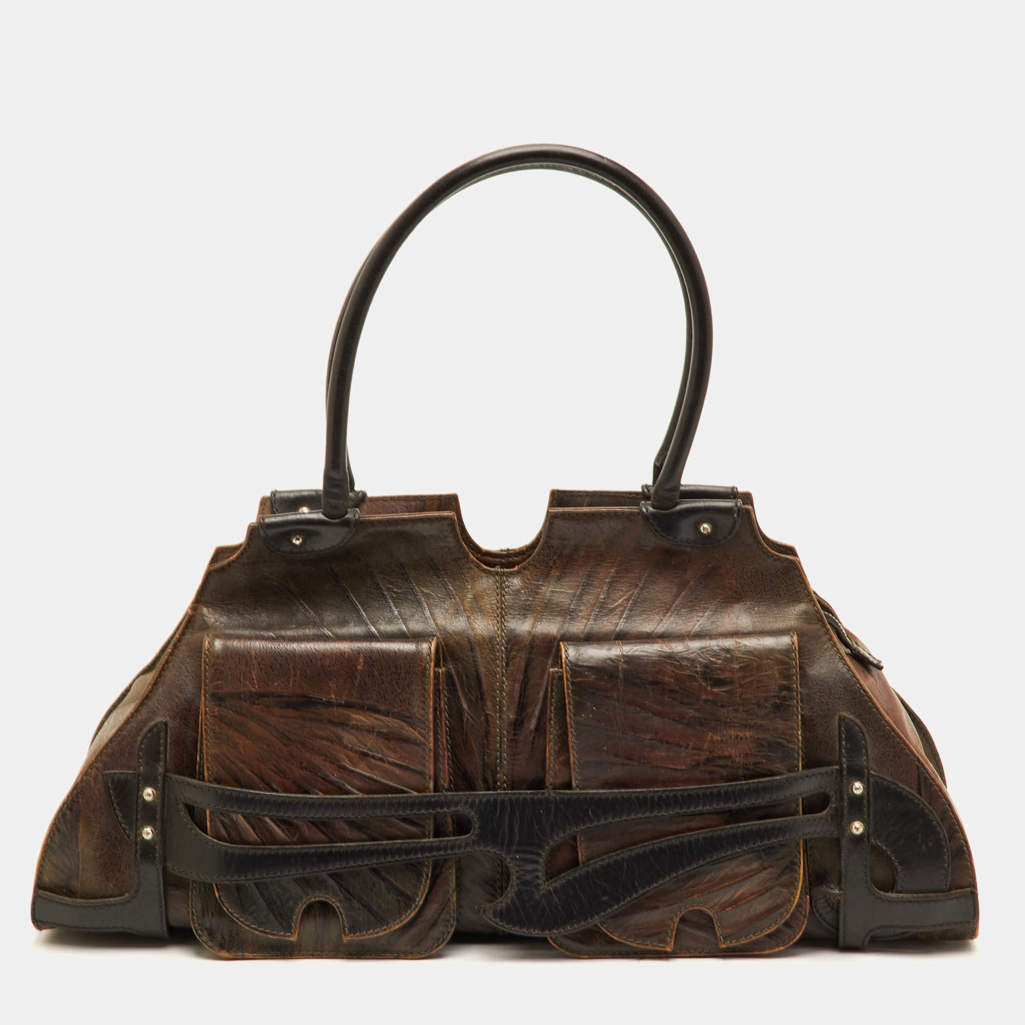 Pre Owned Fendi Vintage Devil Trapezio Brown Leather Shoulder Bag