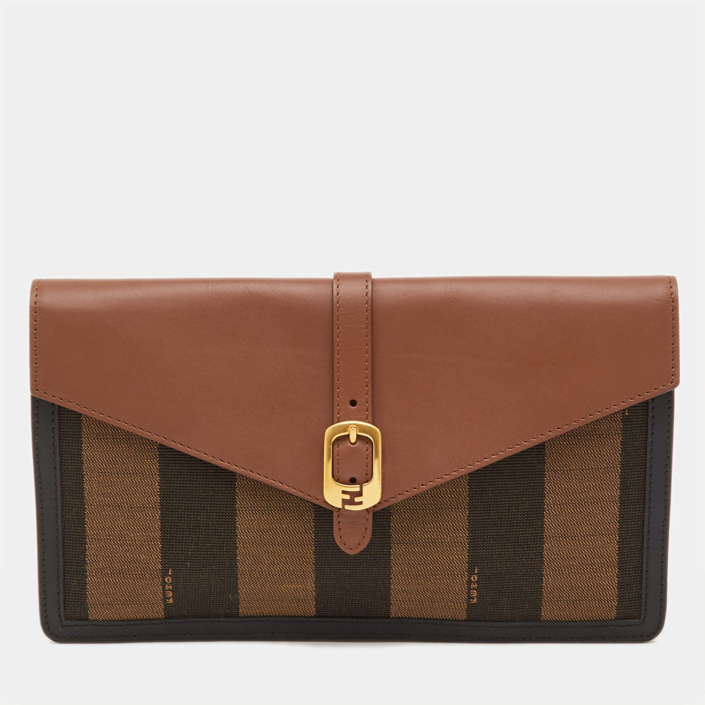 Pre Owned Fendi Bustina Tri Color Pequin Canvas and Leather Envelope Clutch