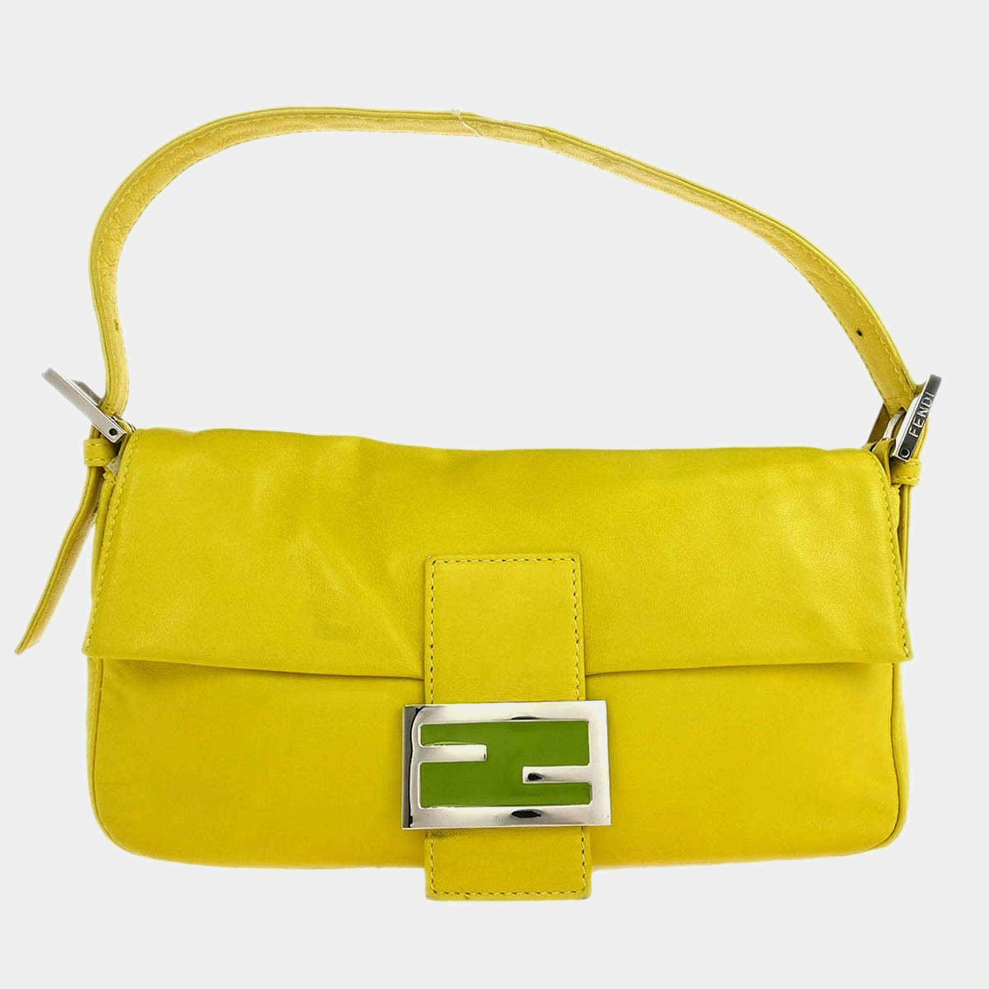 Pre Owned Fendi Yellow Leather Baguette Handbag