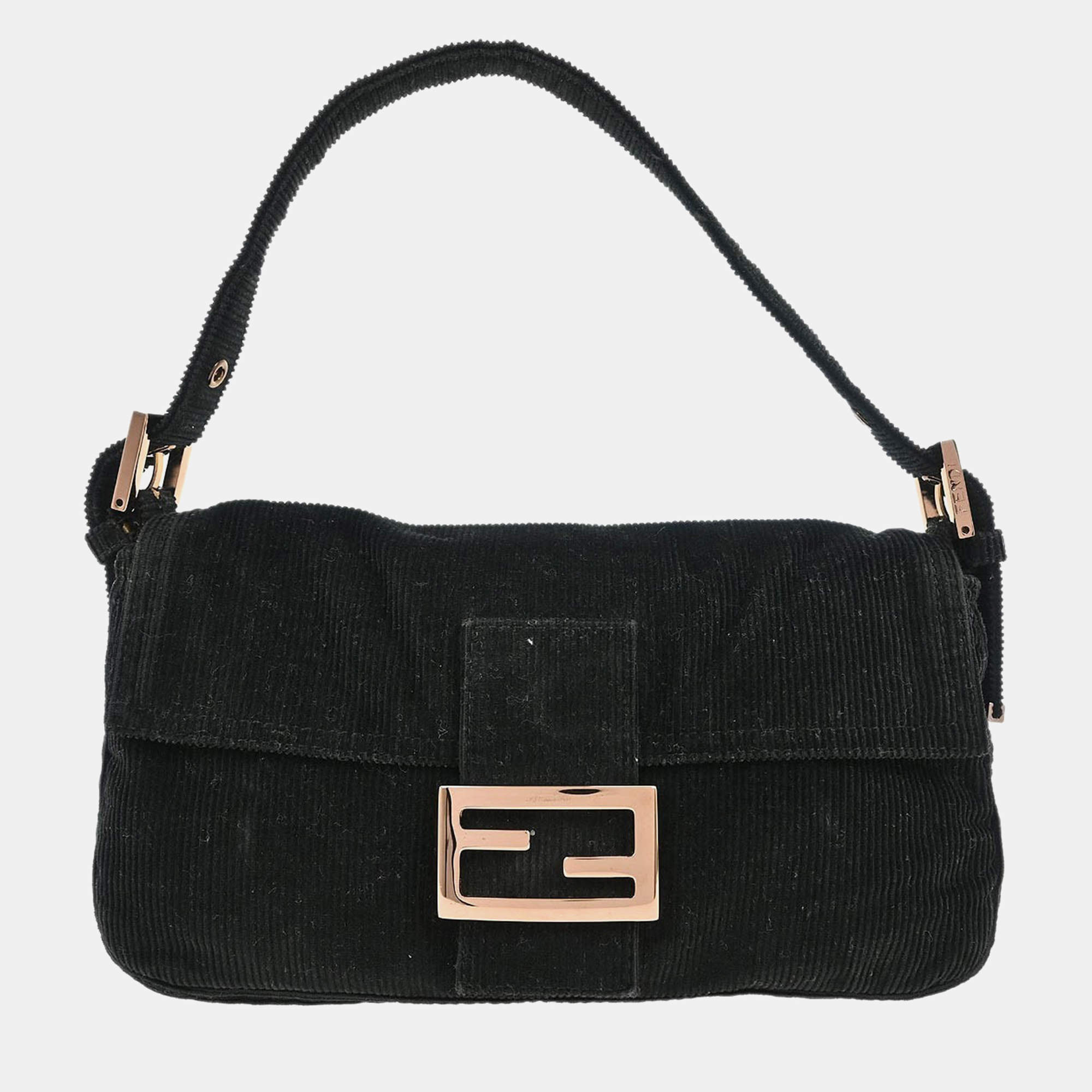Pre Owned Fendi Black Corduroy Baguette Handbag