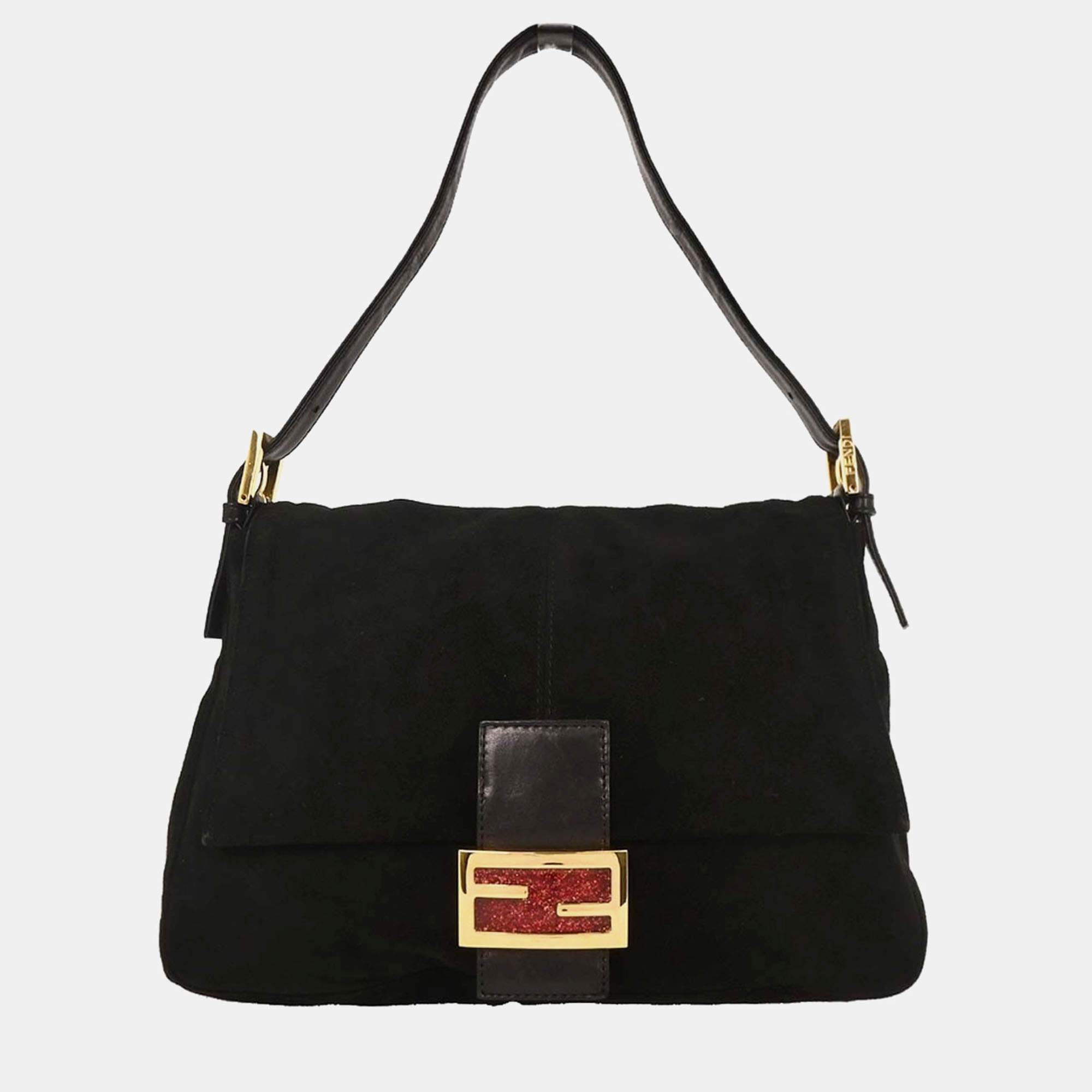 مملوكة مسبقًا Fendi Black Suede Mamma Baguette Handbag