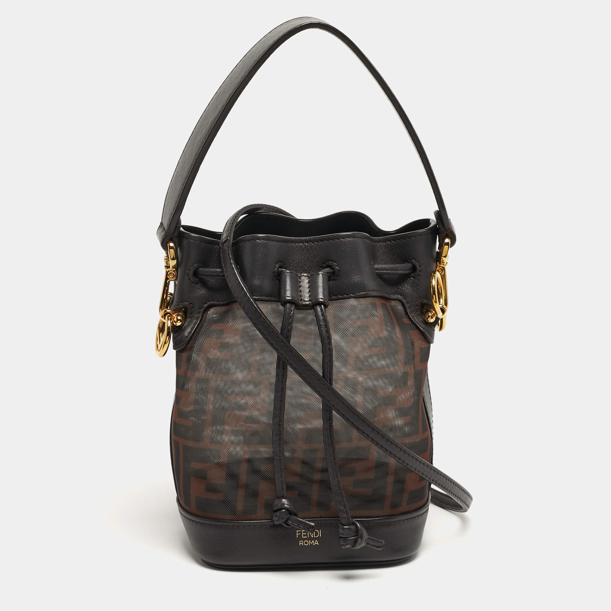مملوكة مسبقًا Fendi Mon Tresor Mini Dark Brown FF Mesh Nylon and Leather Bucket Bag