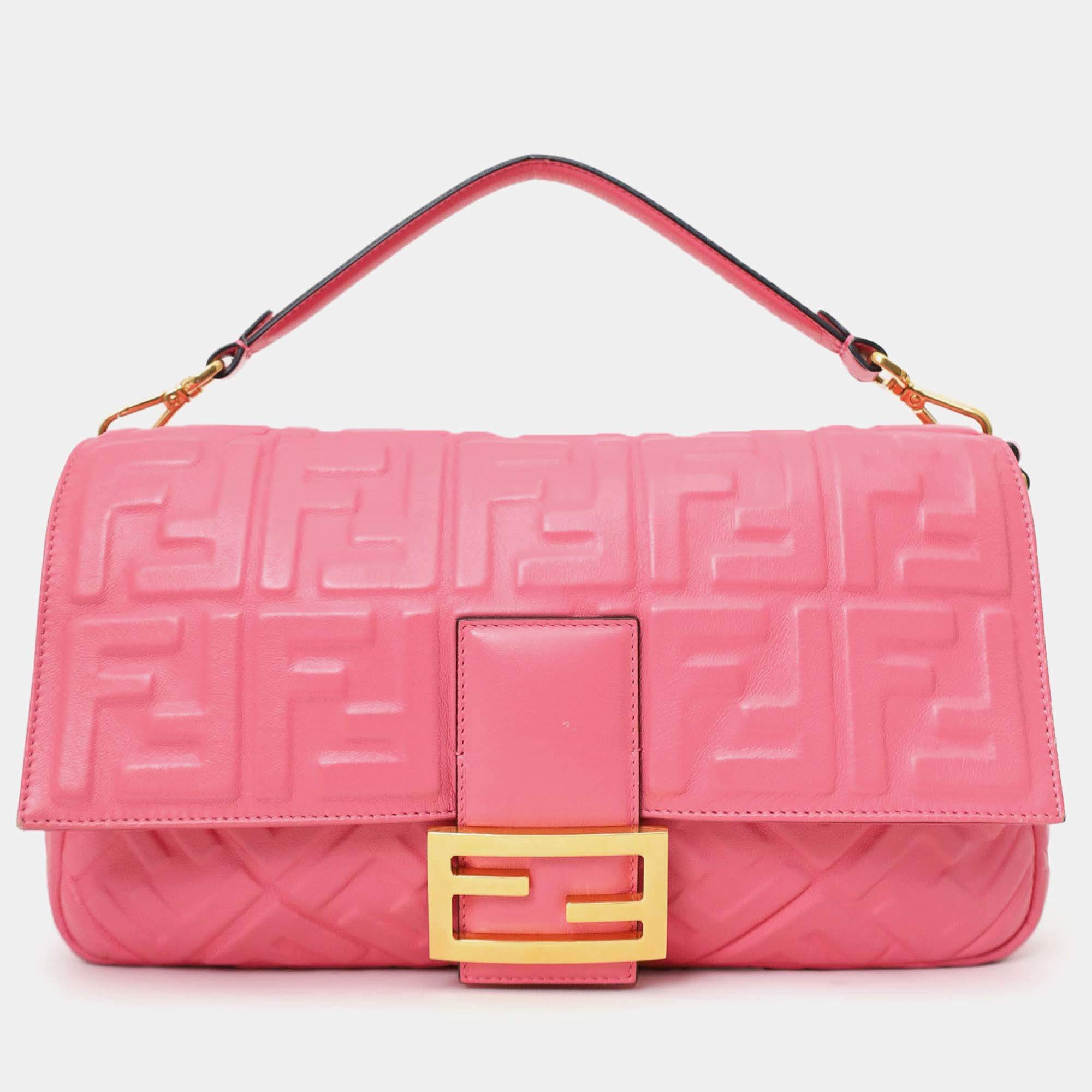 Pre Owned Fendi Pink Leather Nappa FF 1974 Embossed Large Baguette Bag with Strap