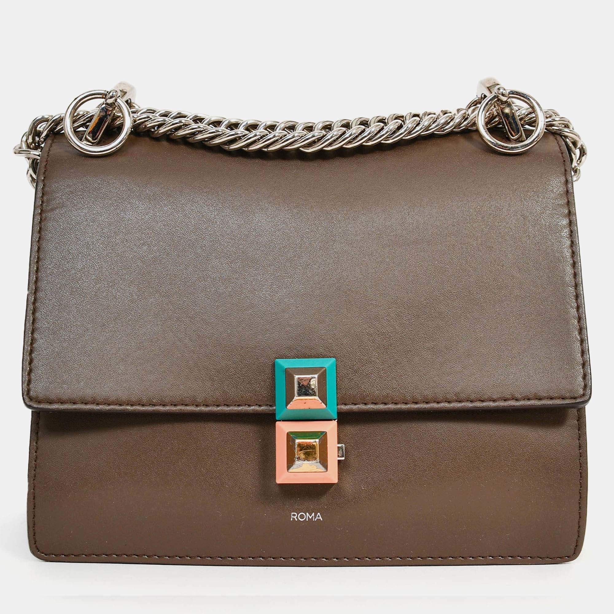 Pre Owned Fendi Brown Leather Small 'Kan I' Chain Crossbody